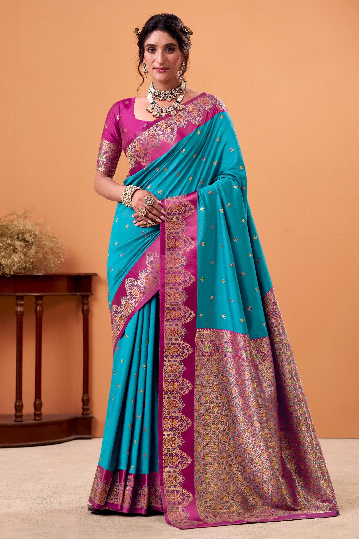 Buy MySilkLove Capri Blue Woven Satin Soft Silk Saree Online