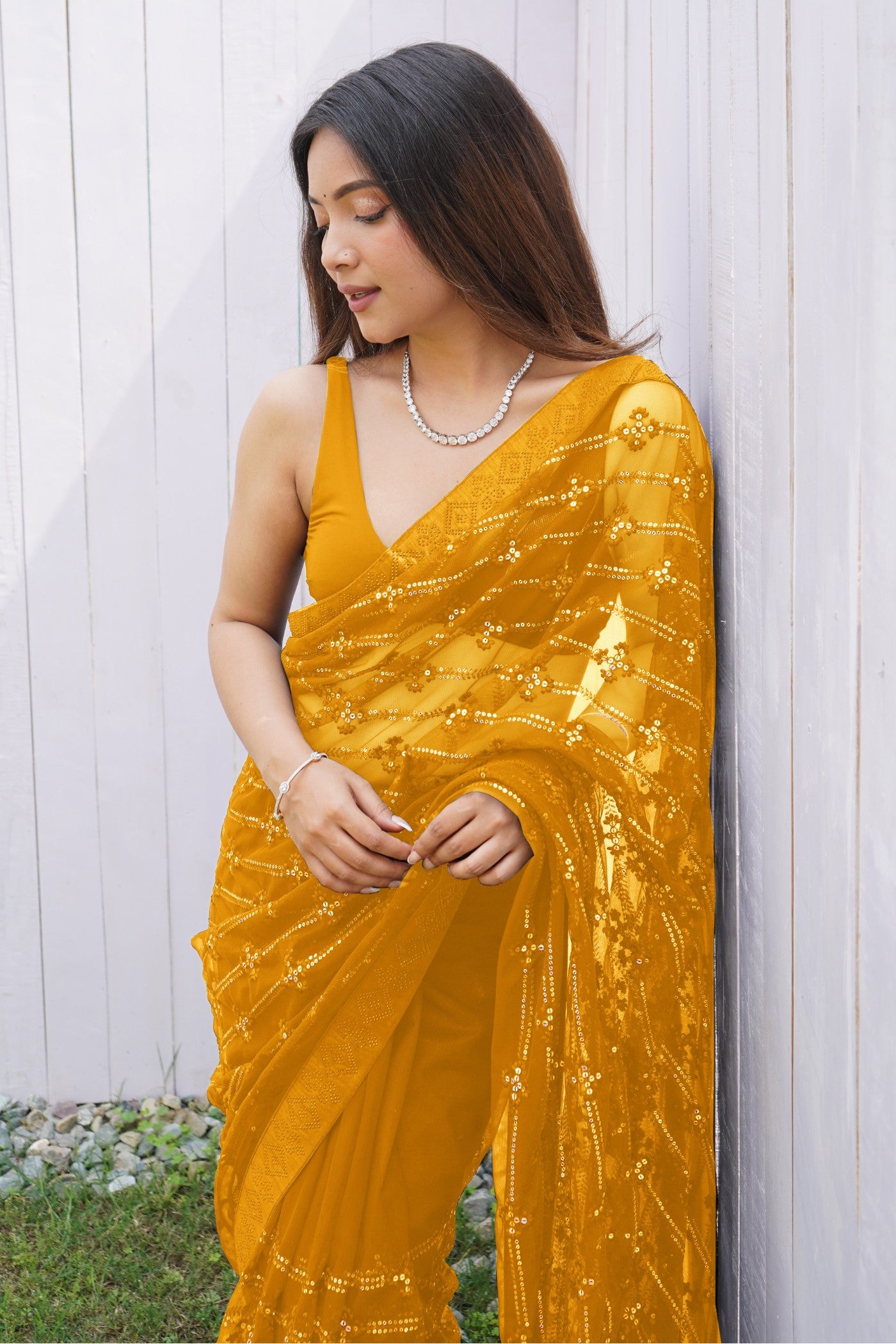 Buy MySilkLove Amber Yellow Embroidered Partywear Saree Online