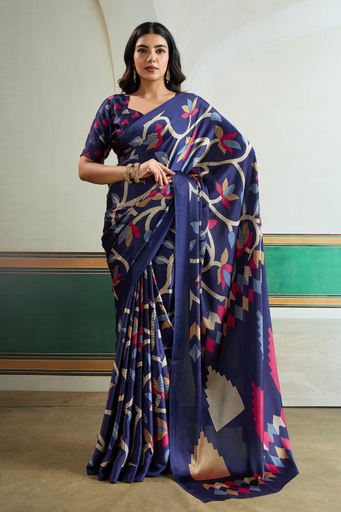 Buy MySilkLove Navy Blue Modal Ajrakh Printed Satin Silk Saree Online