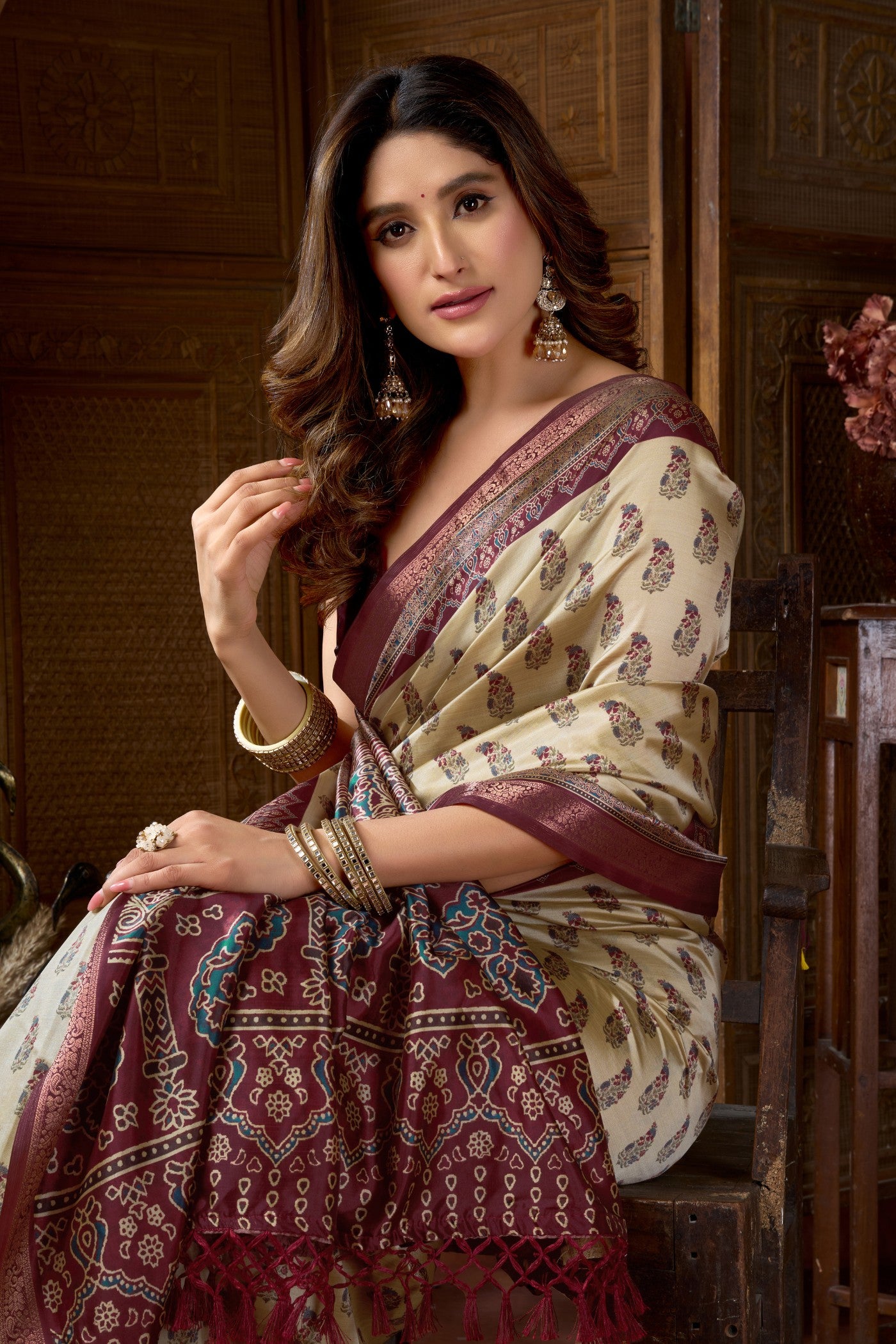 MySilkLove Ancient Cream Ajrakh Printed Saree