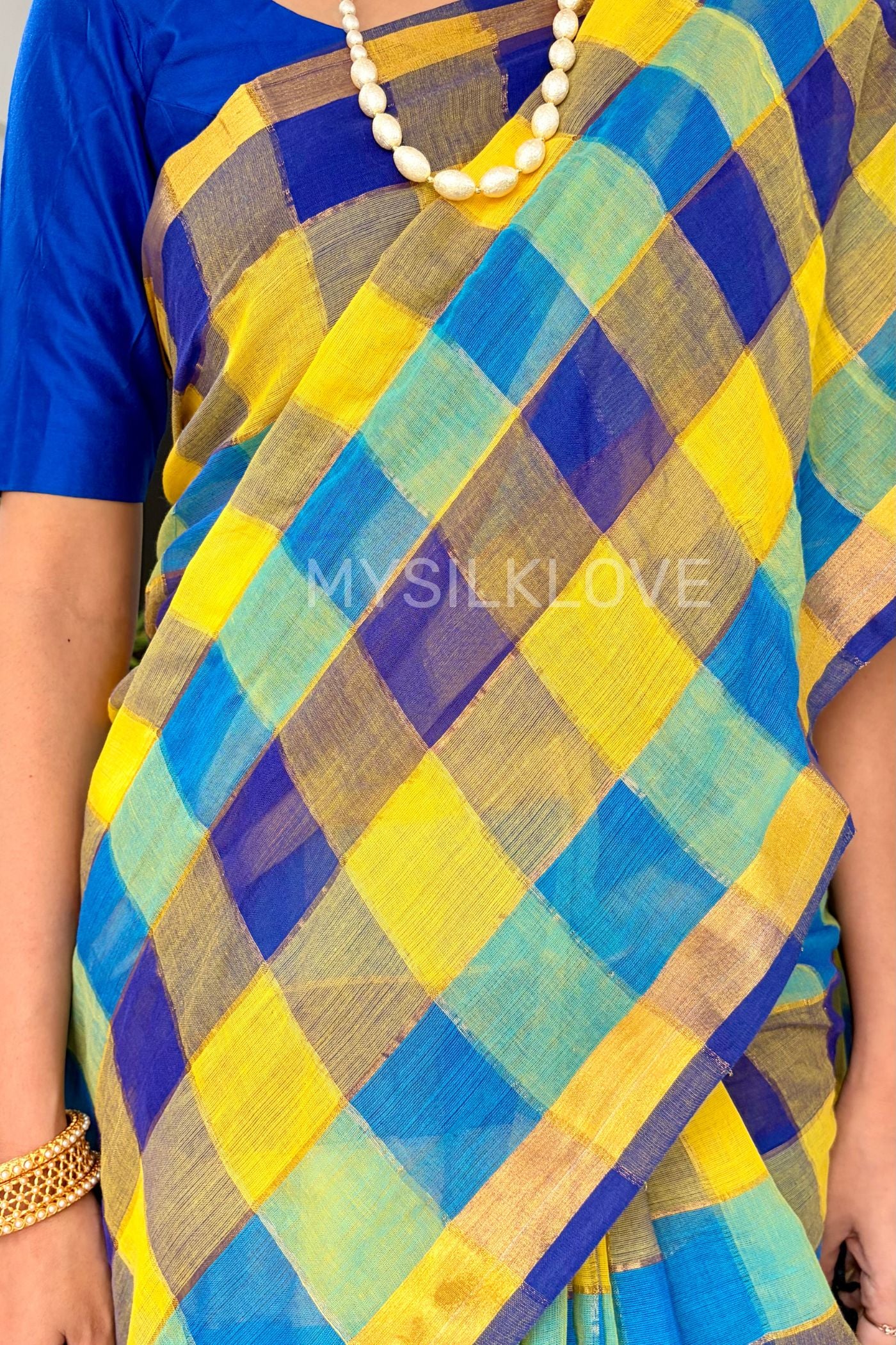 Buy MySilkLove Multicolor Yellow Pure Mul Mul Cotton Checks Pattern Zari woven saree Online