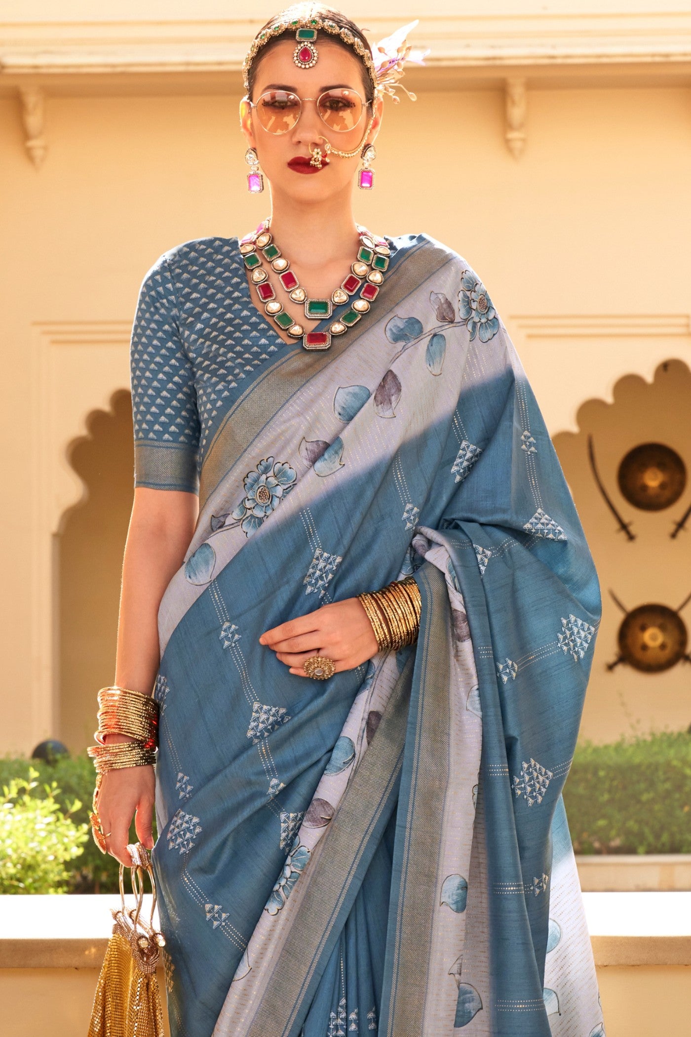 Buy MySilkLove Pewter Blue Floral Printed Banarasi Saree Online