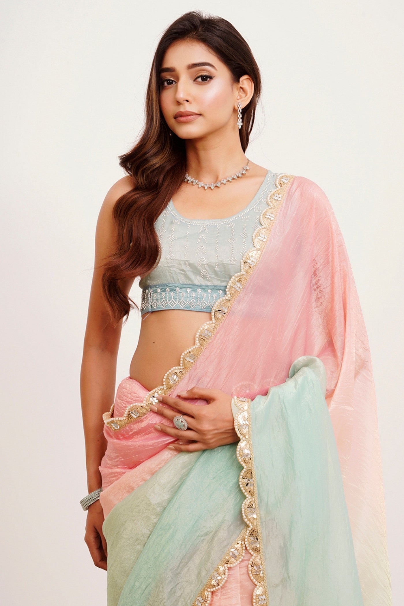 MySilkLove Sky Blue and Pink Tissue Partywear Saree
