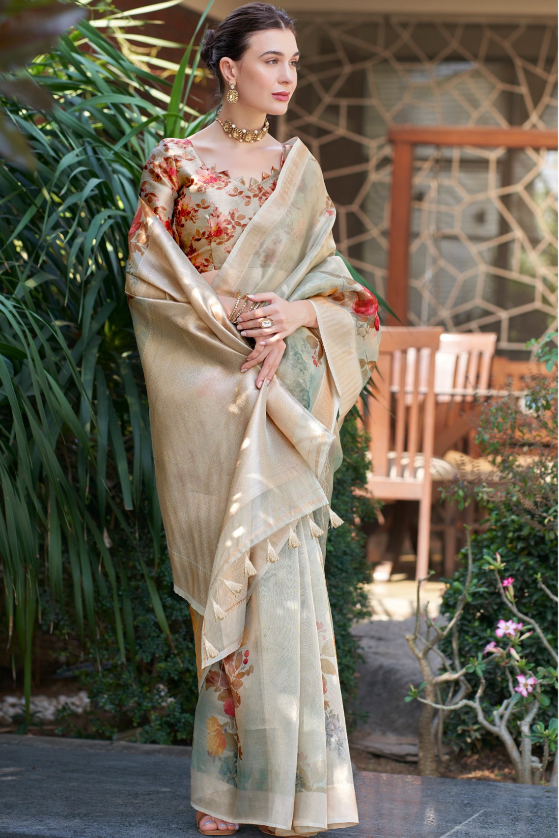 Buy MySilkLove Cotton Seed Green Digital Printed Organza Saree Online