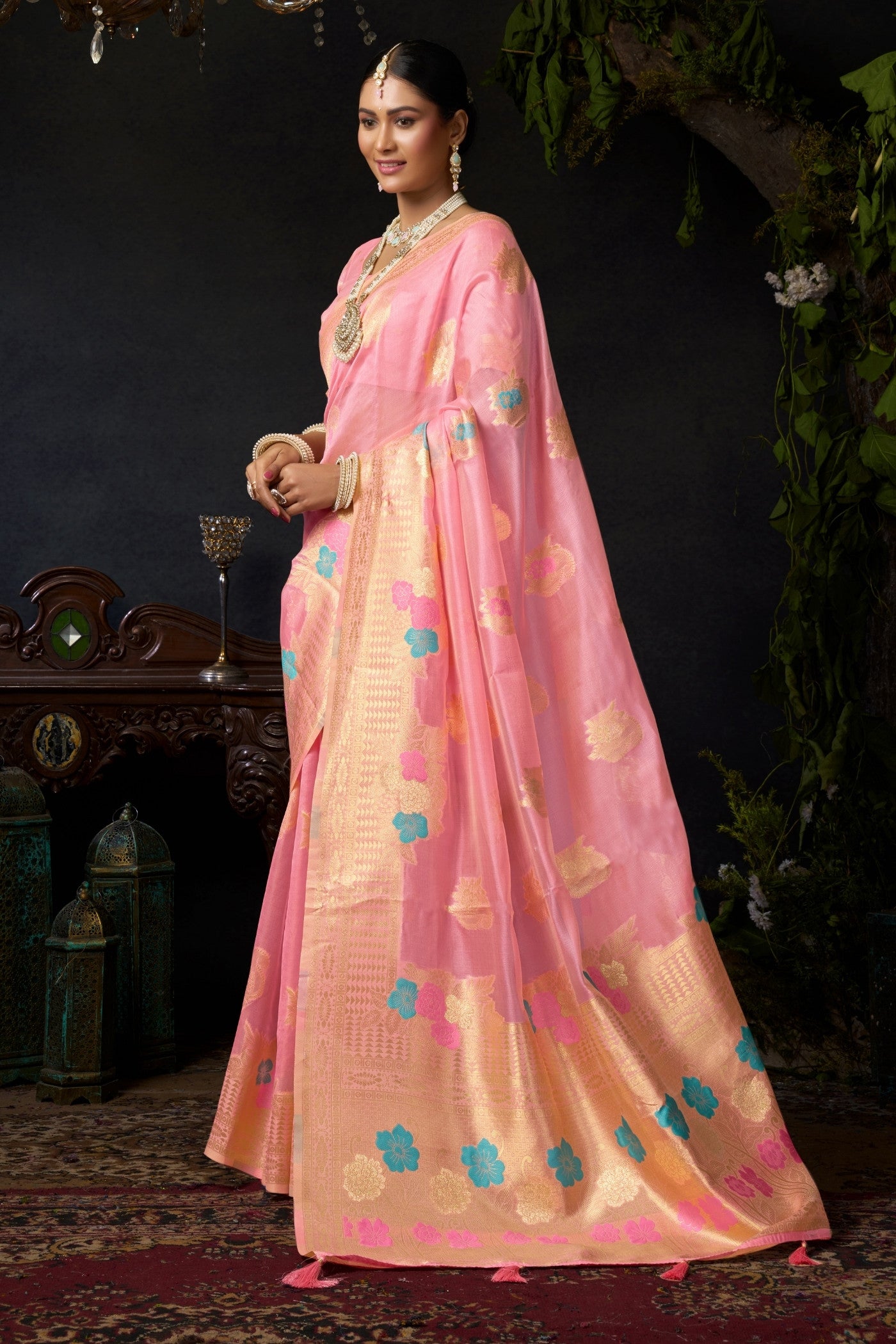 Buy MySilkLove Cupid Pink Woven Banarasi Organza Saree Online