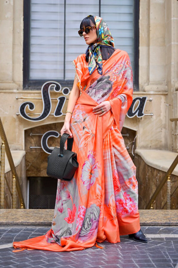 Outrageous Orange Handloom Gaji Silk Saree