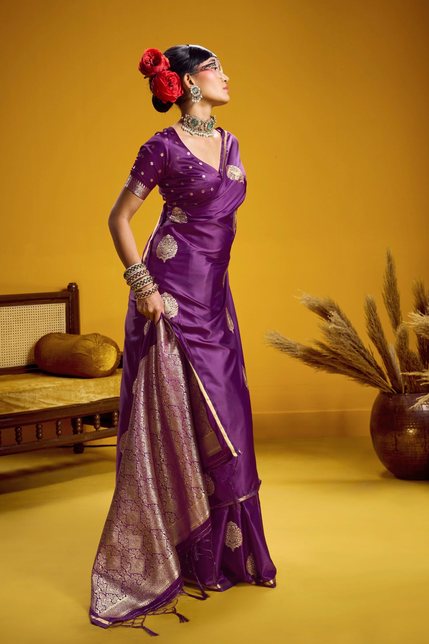Buy MySilkLove Kingfisher Purple Handloom Satin Silk Saree Online