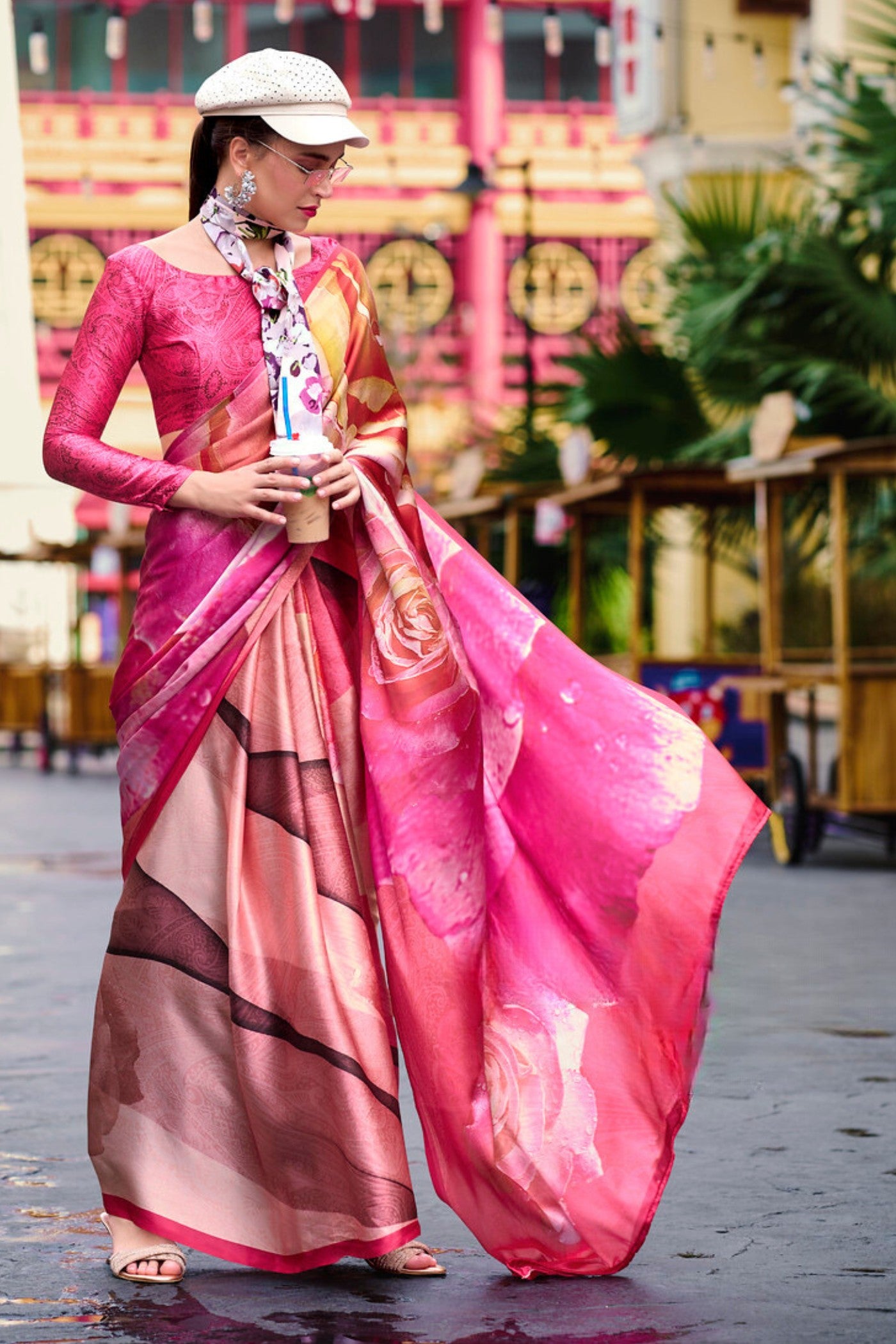 Buy MySilkLove Rusty Red and Pink Printed Satin Crepe Silk Saree Online