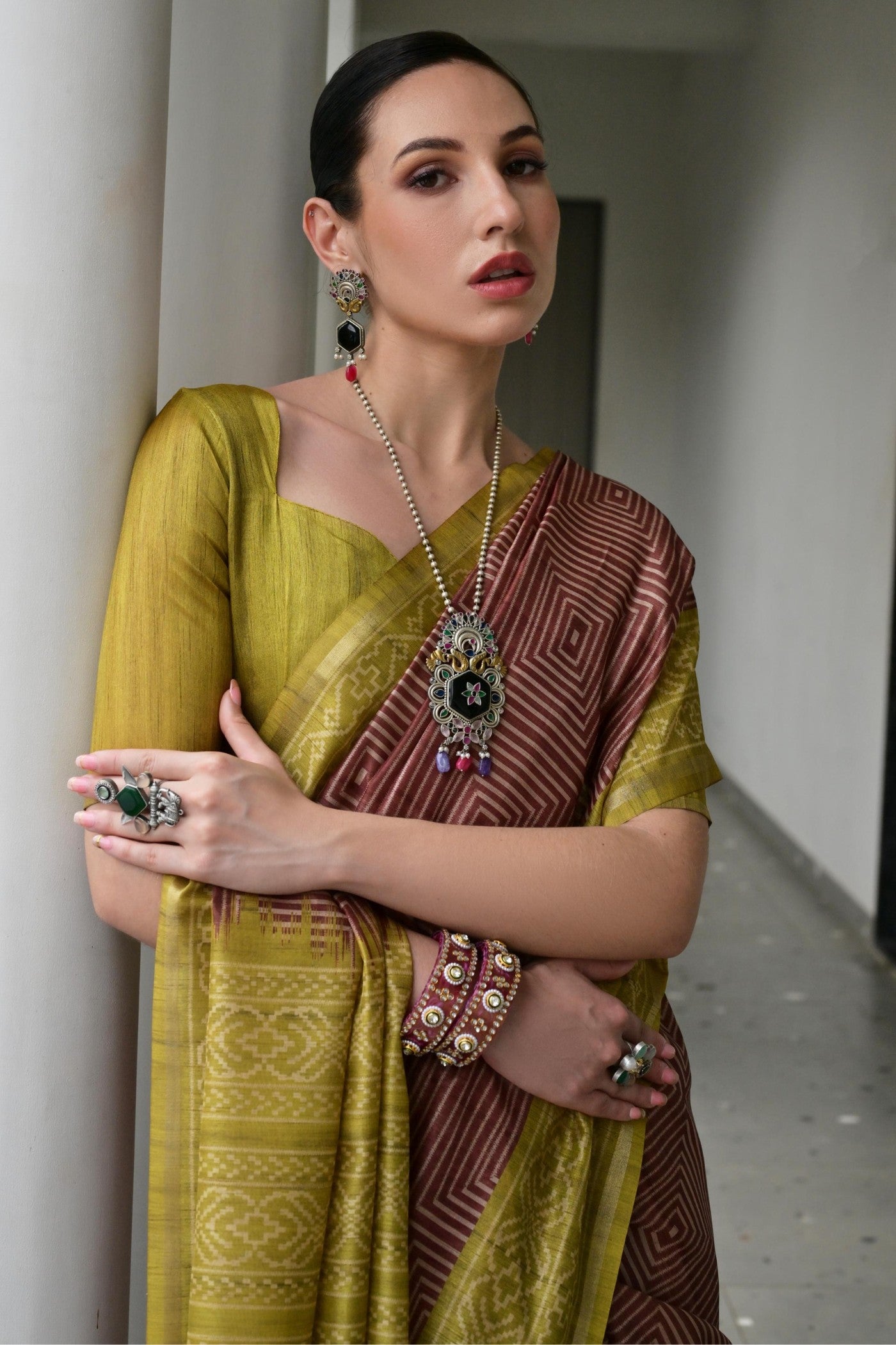 Buy MySilkLove Umber Brown and Green Printed Tussar Silk Saree Online