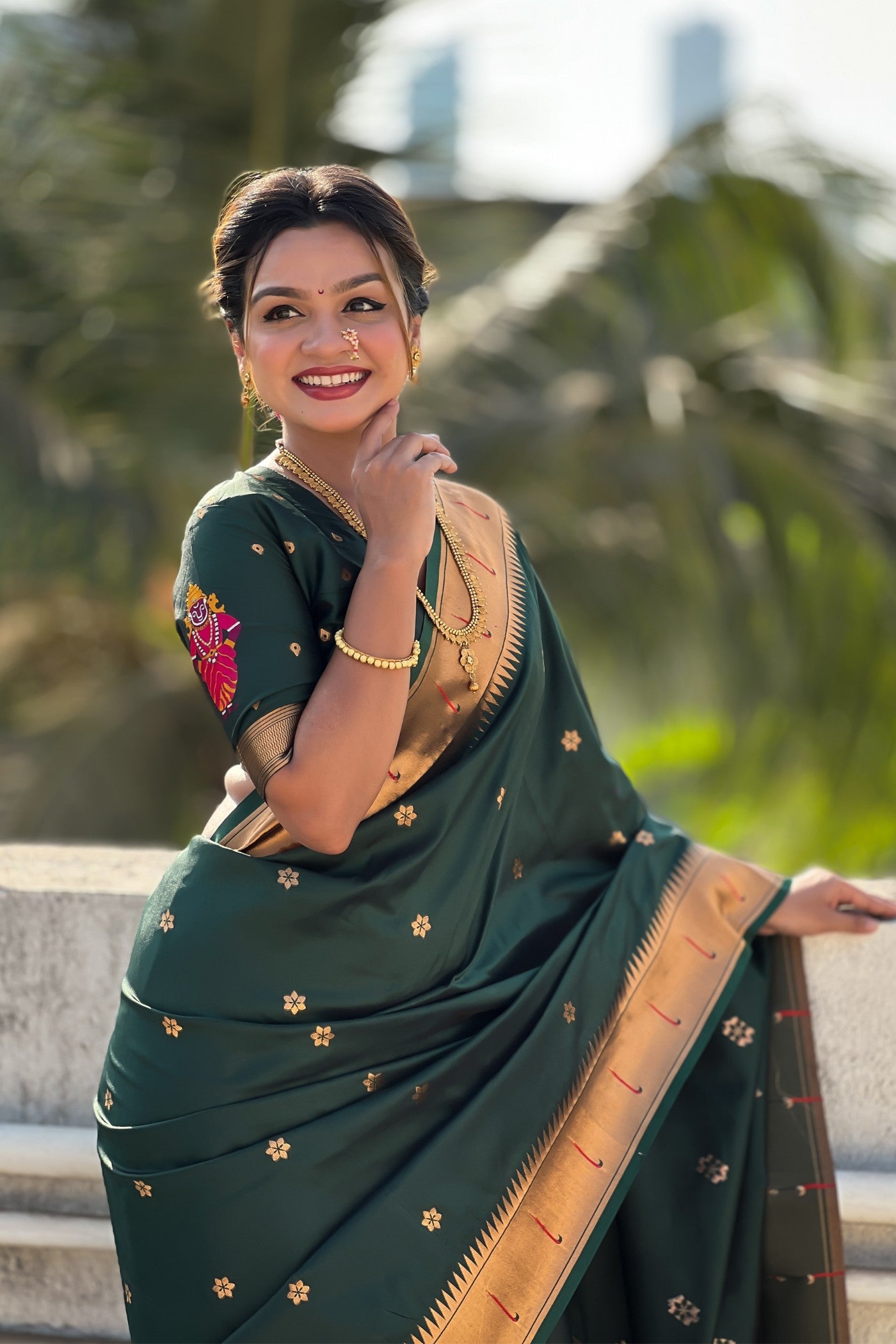 MySilkLove Racing Green Woven Paithani Saree