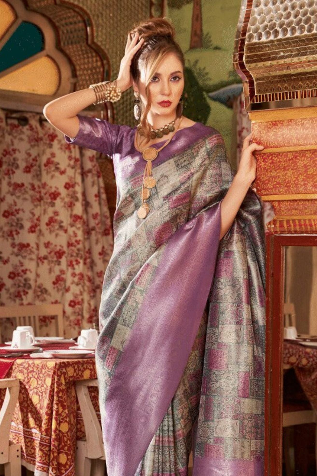 MySilkLove Oriental Purple and Grey Banarasi Digital Printed Saree