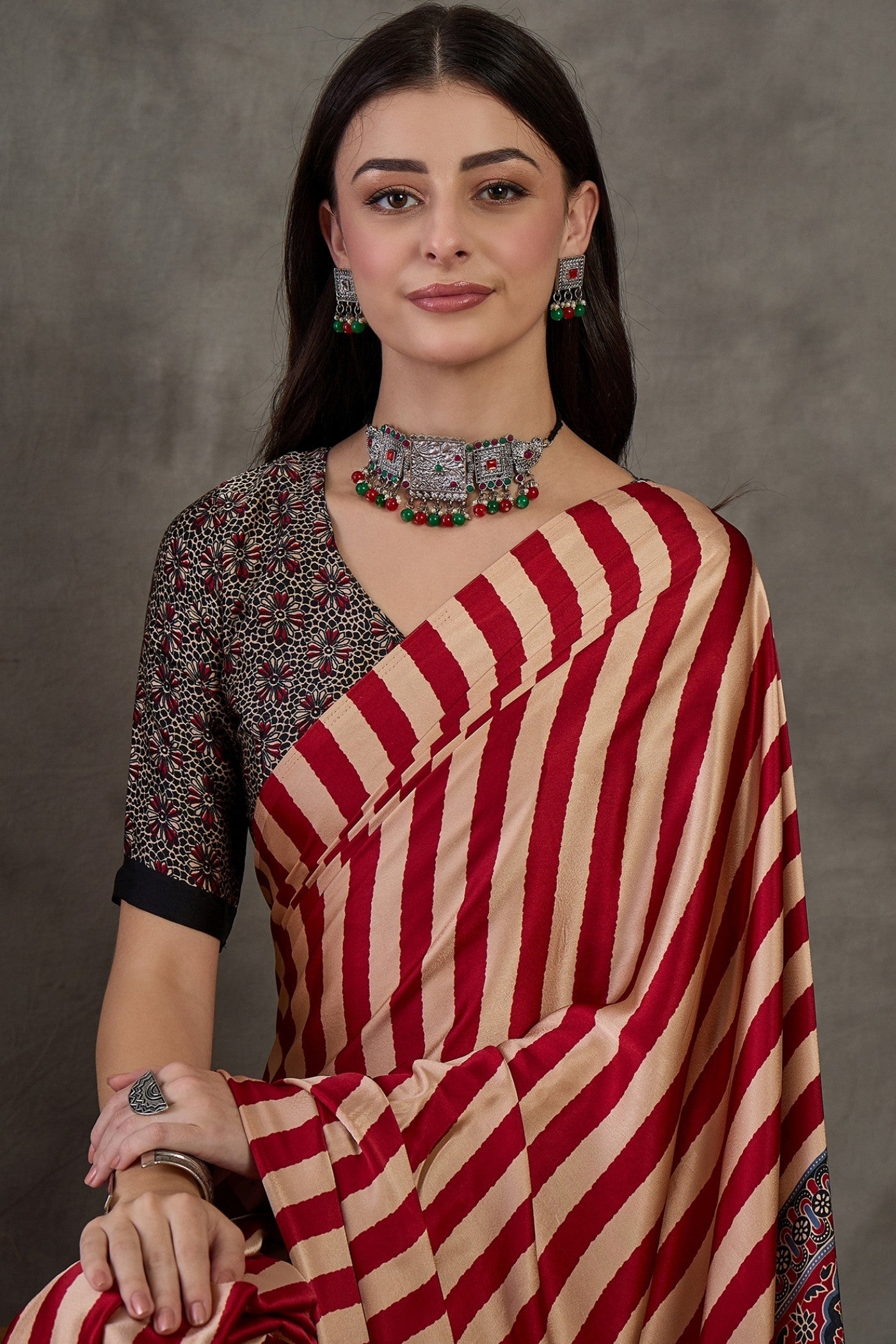 Buy MySilkLove Venetian Red Stripe Ajrakh Printed Satin Gaji Silk Saree Online