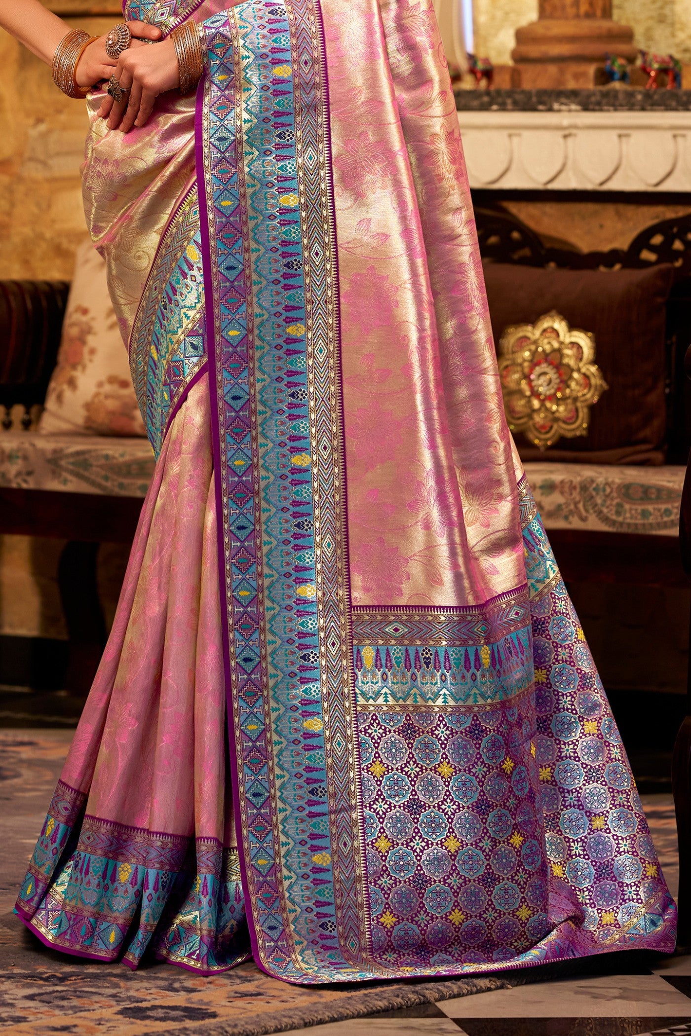 Buy MySilkLove Pantone Peach Zari Woven Tissue Silk Saree Online