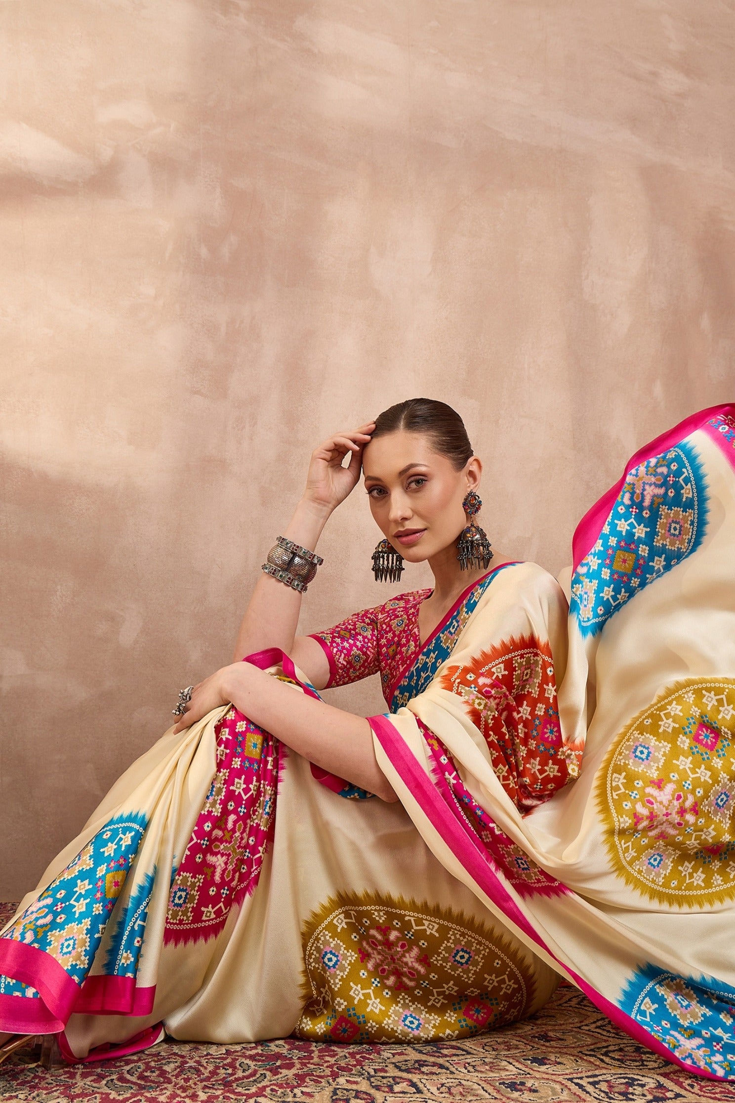 Buy MySilkLove Dutch Cream and Pink Modal Ajrakh Printed Silk Saree Online