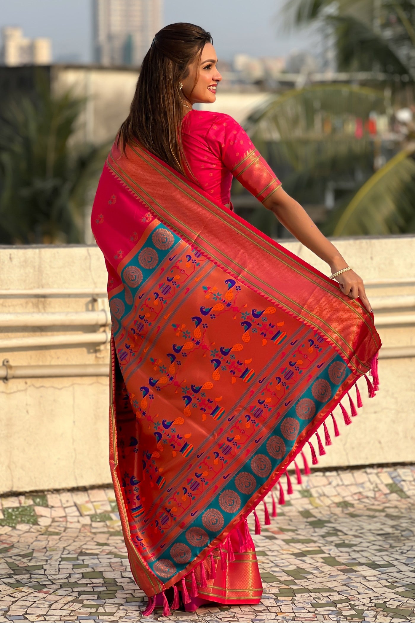 Buy MySilkLove Wild Strawberry Pink Zari Woven Nath Paithani Saree Online