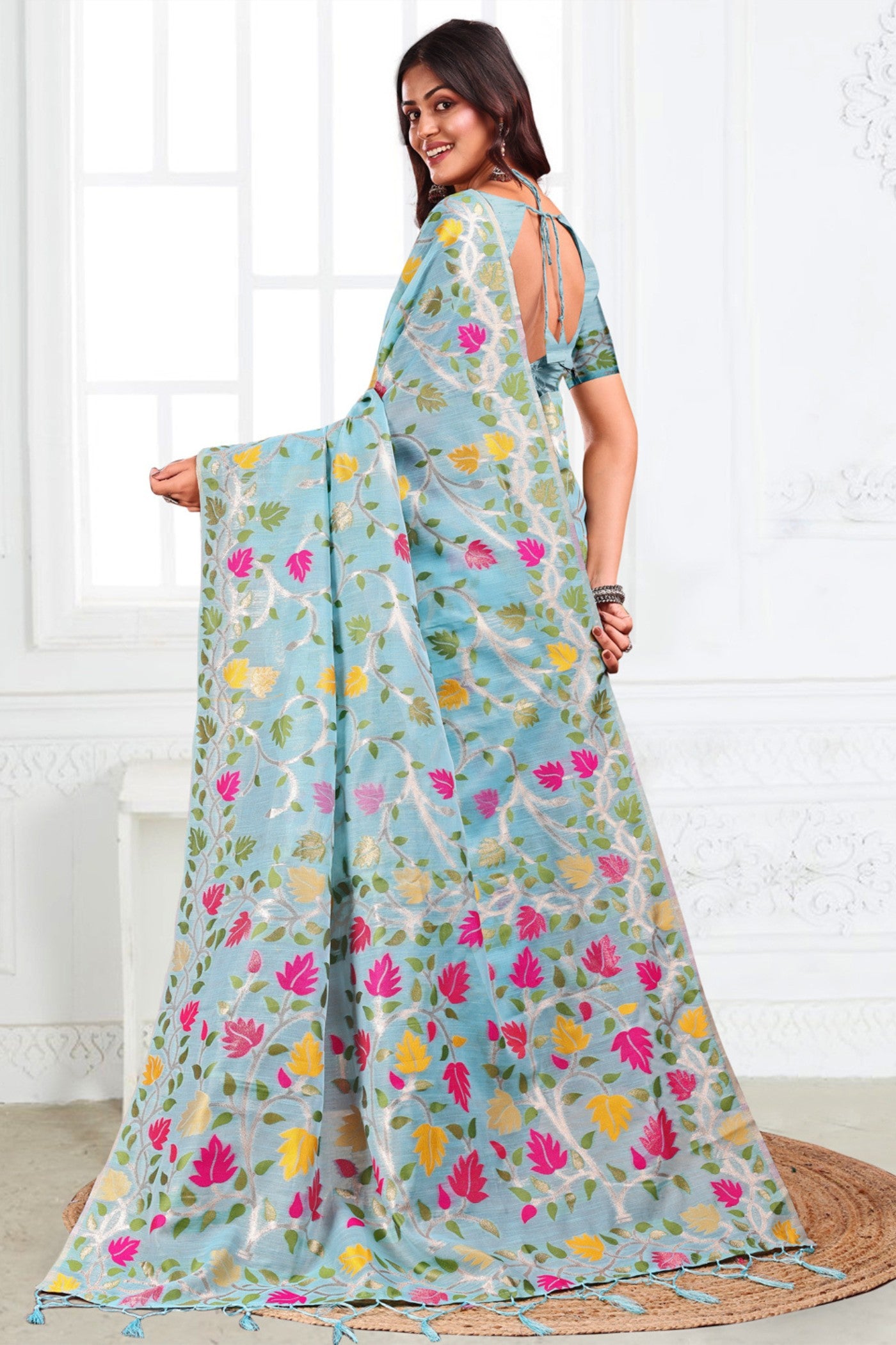 Buy MySilkLove Cloudy Blue Woven Linen Cotton Saree Online