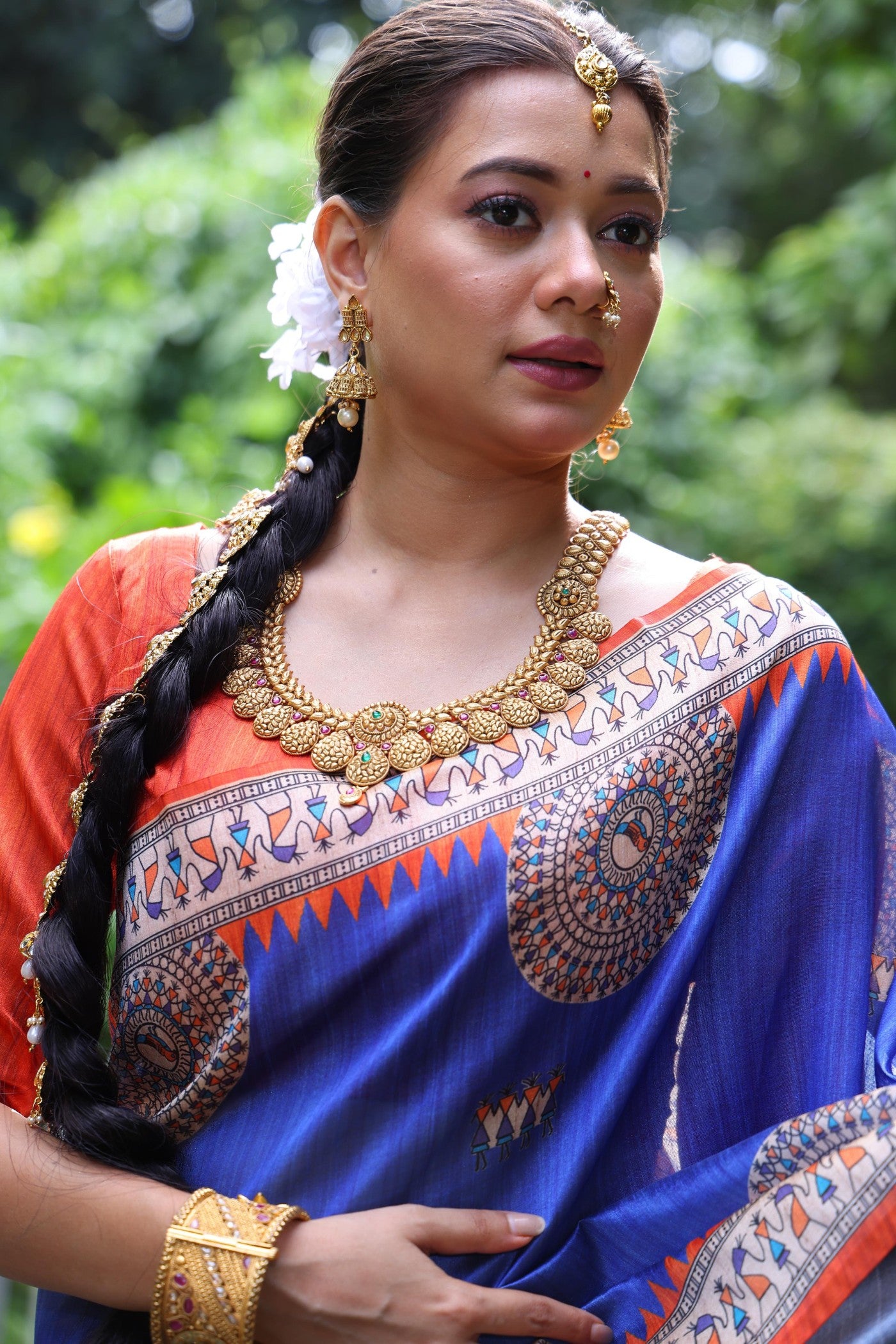 Buy MySilkLove Berkeley Blue Madhubani Tussar Printed Silk Saree Online