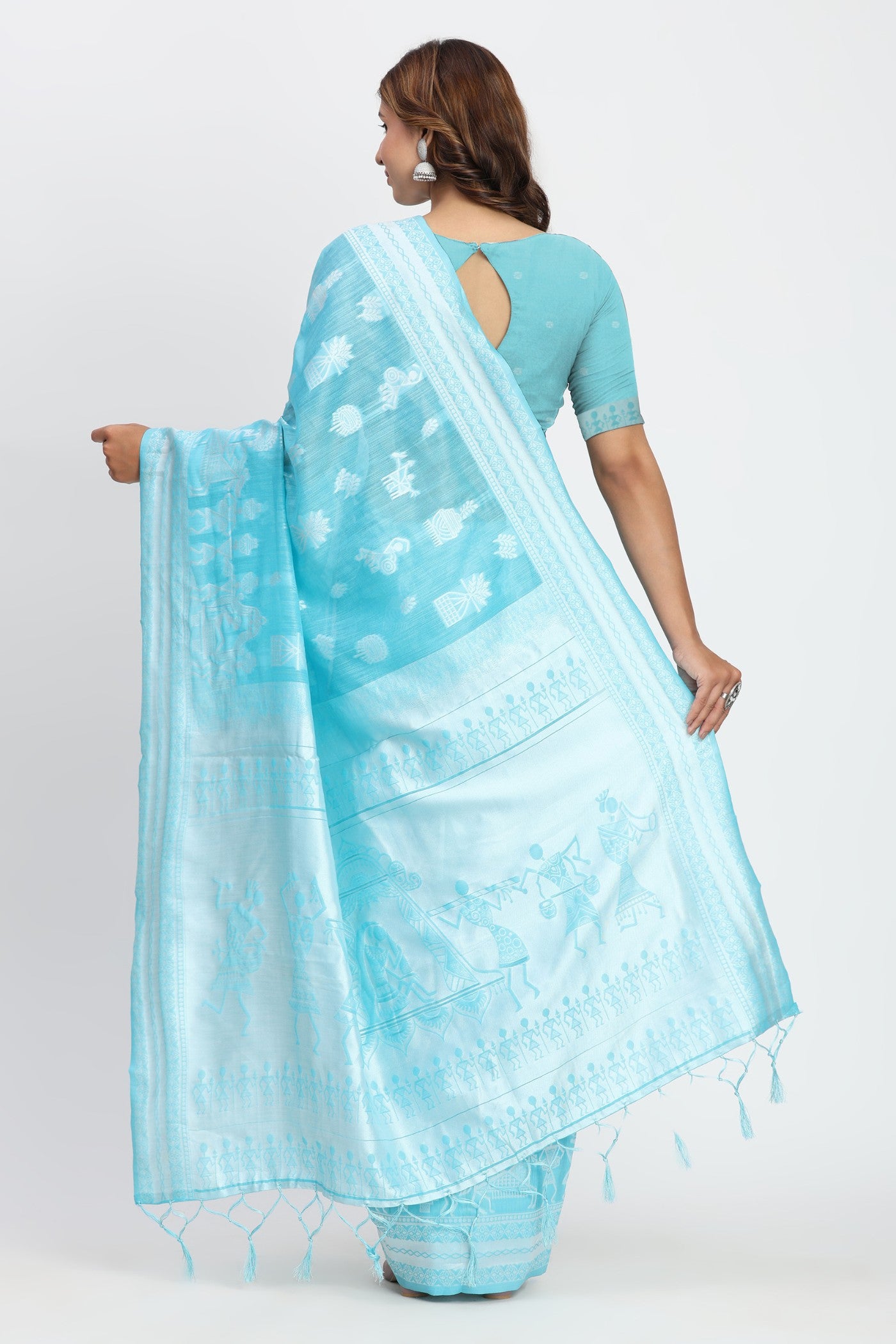 Buy MySilkLove Chathams Blue Woven Linen Cotton Saree Online