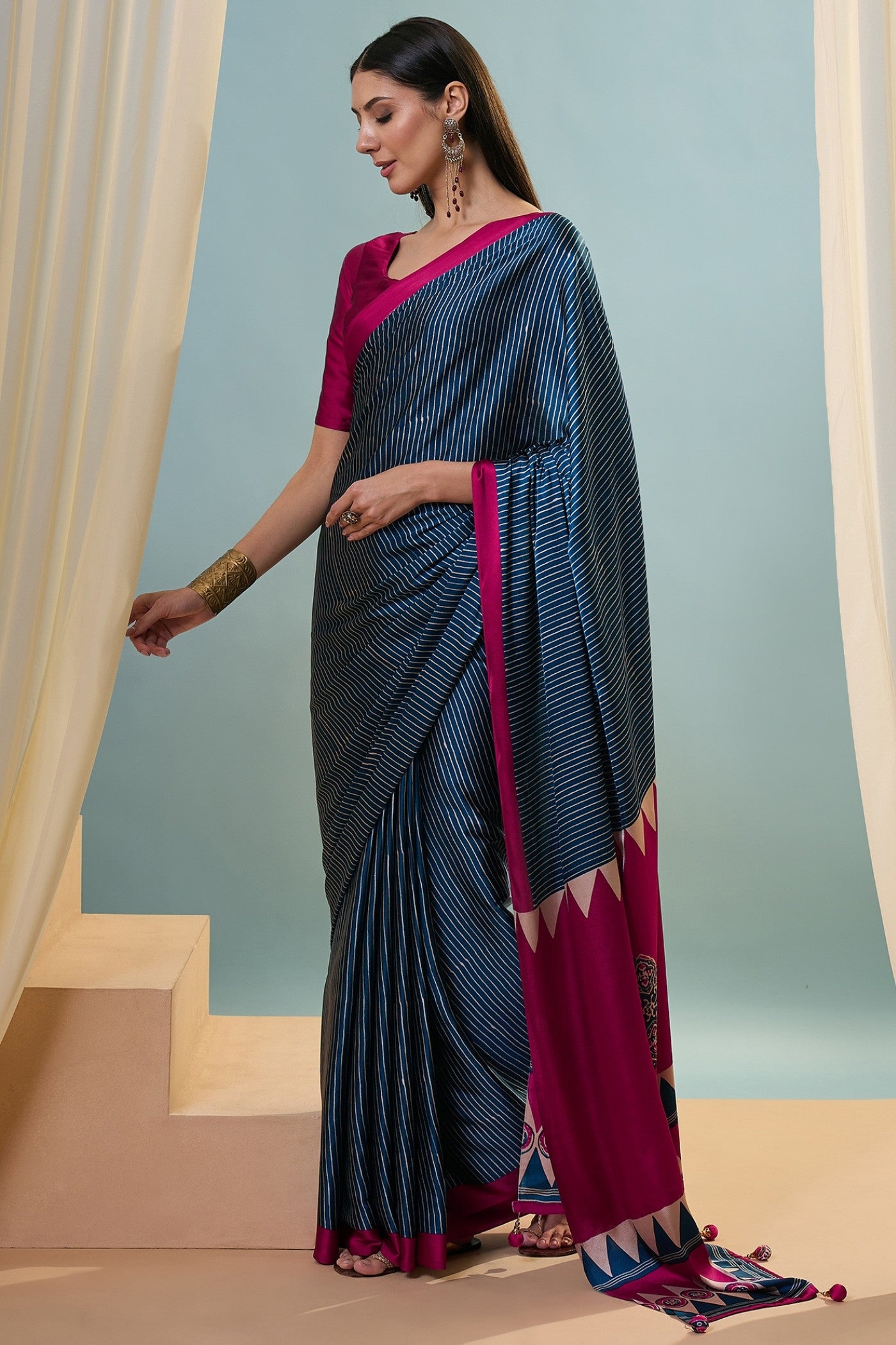 Buy MySilkLove Oxford Blue Ajrakh Printed Satin Crepe Silk Saree Online