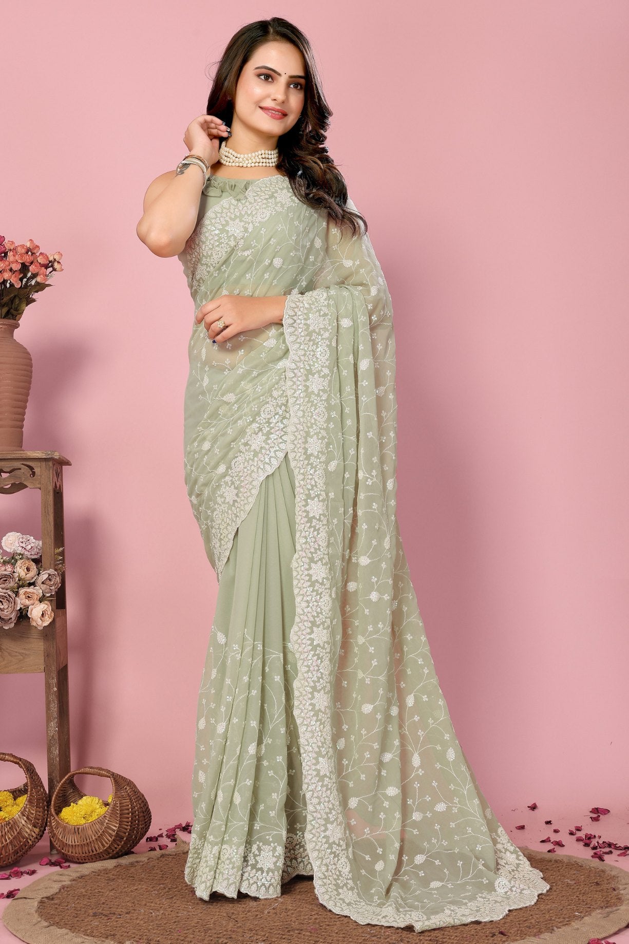 Buy MySilkLove Sisal Green Georgette Embroidered Silk Saree Online