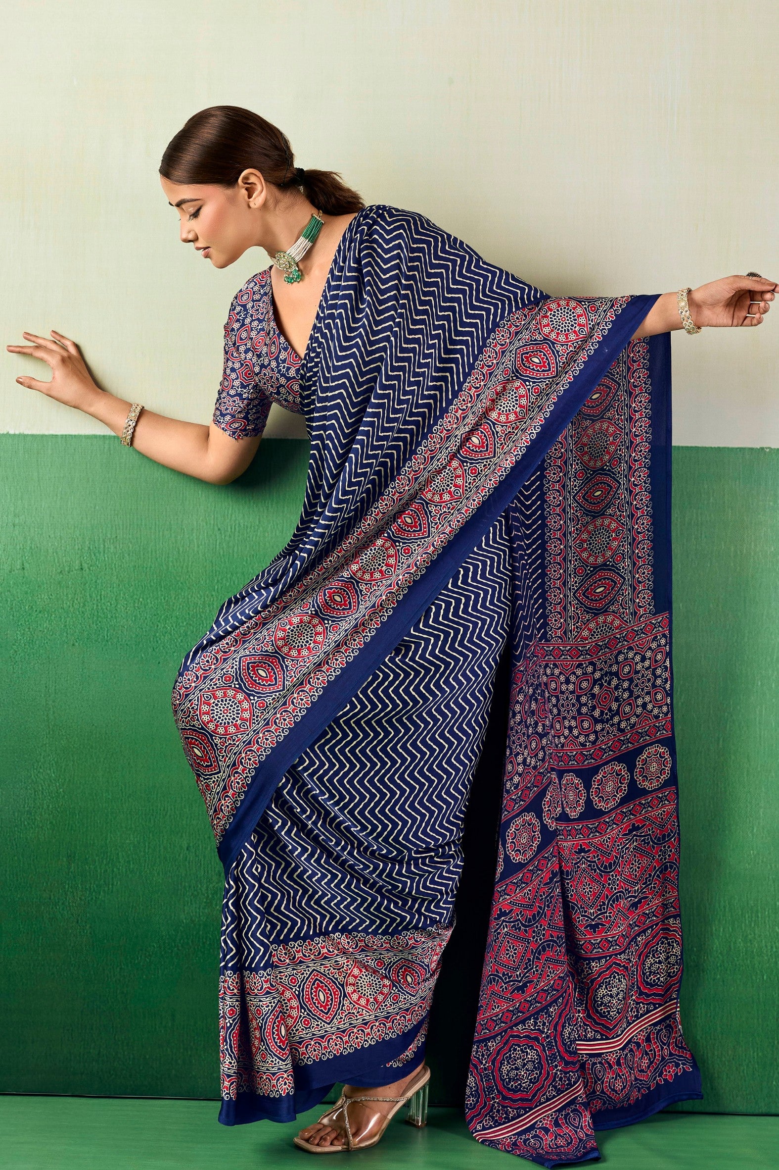 Buy MySilkLove Electric Blue Modal Ajrakh Satin Printed Silk Saree Online