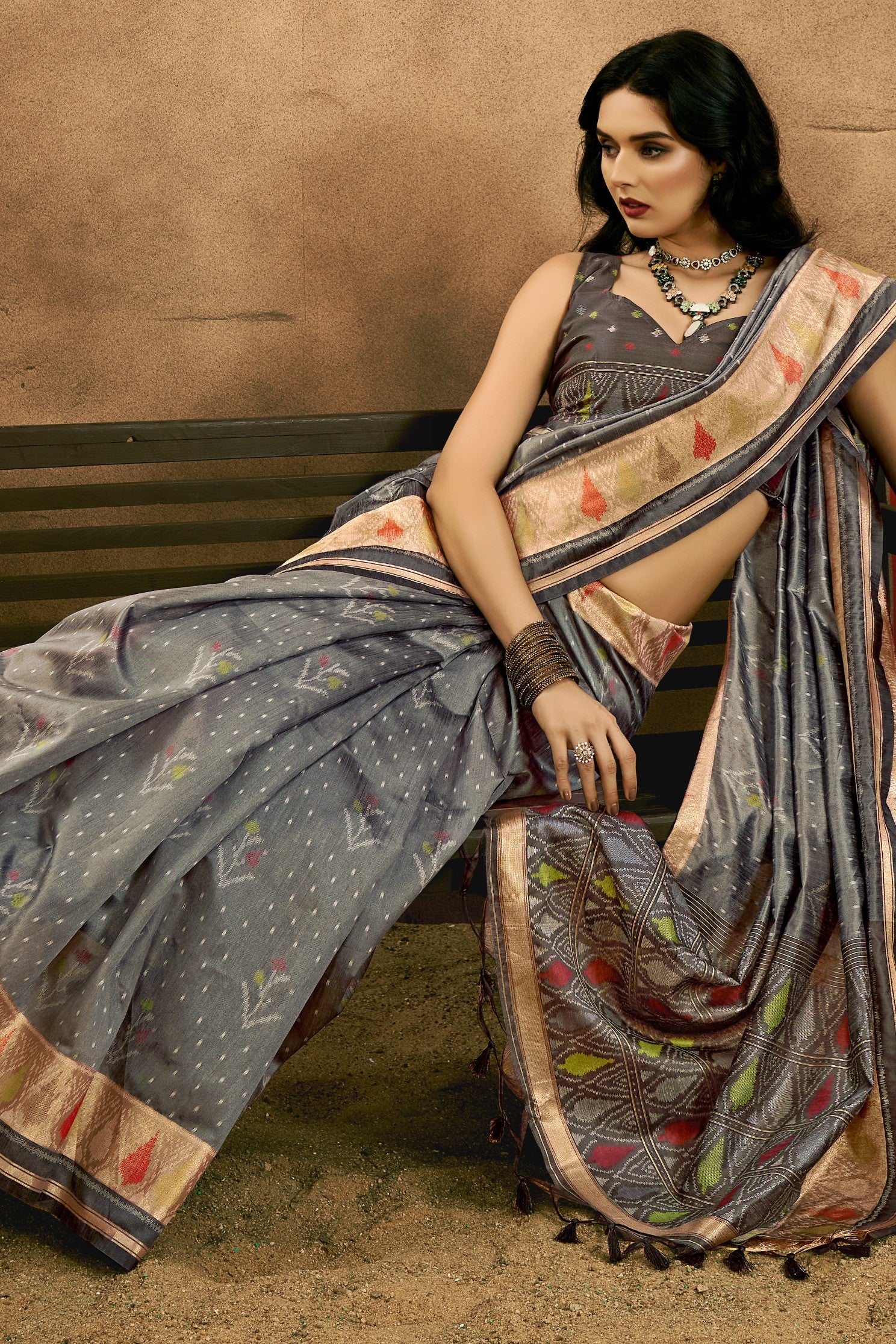 MySilkLove Stone Grey Patola Handloom Saree