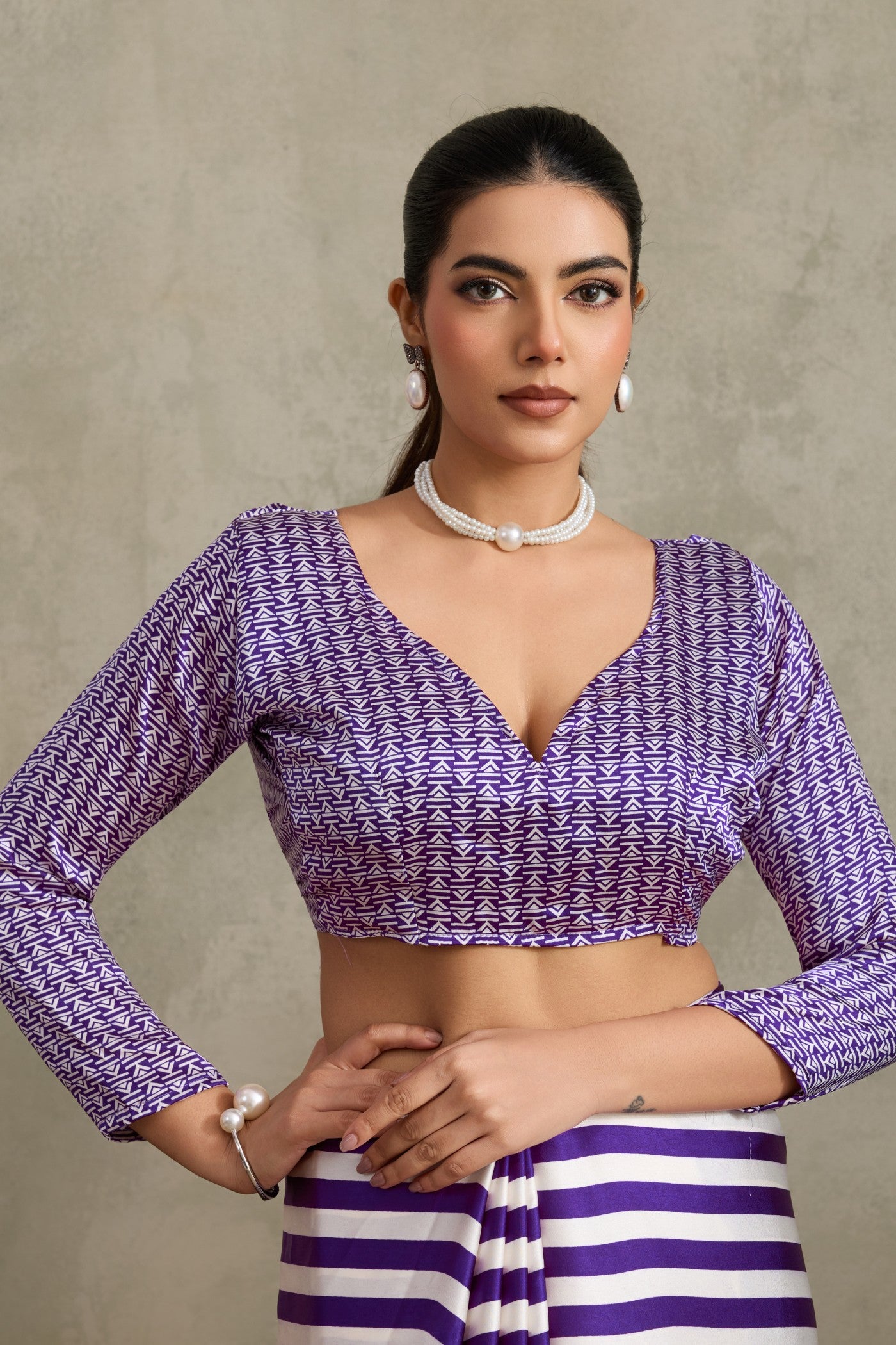 Buy MySilkLove Tacao Purple Ajrakh Printed Satin Crepe Silk Saree Online