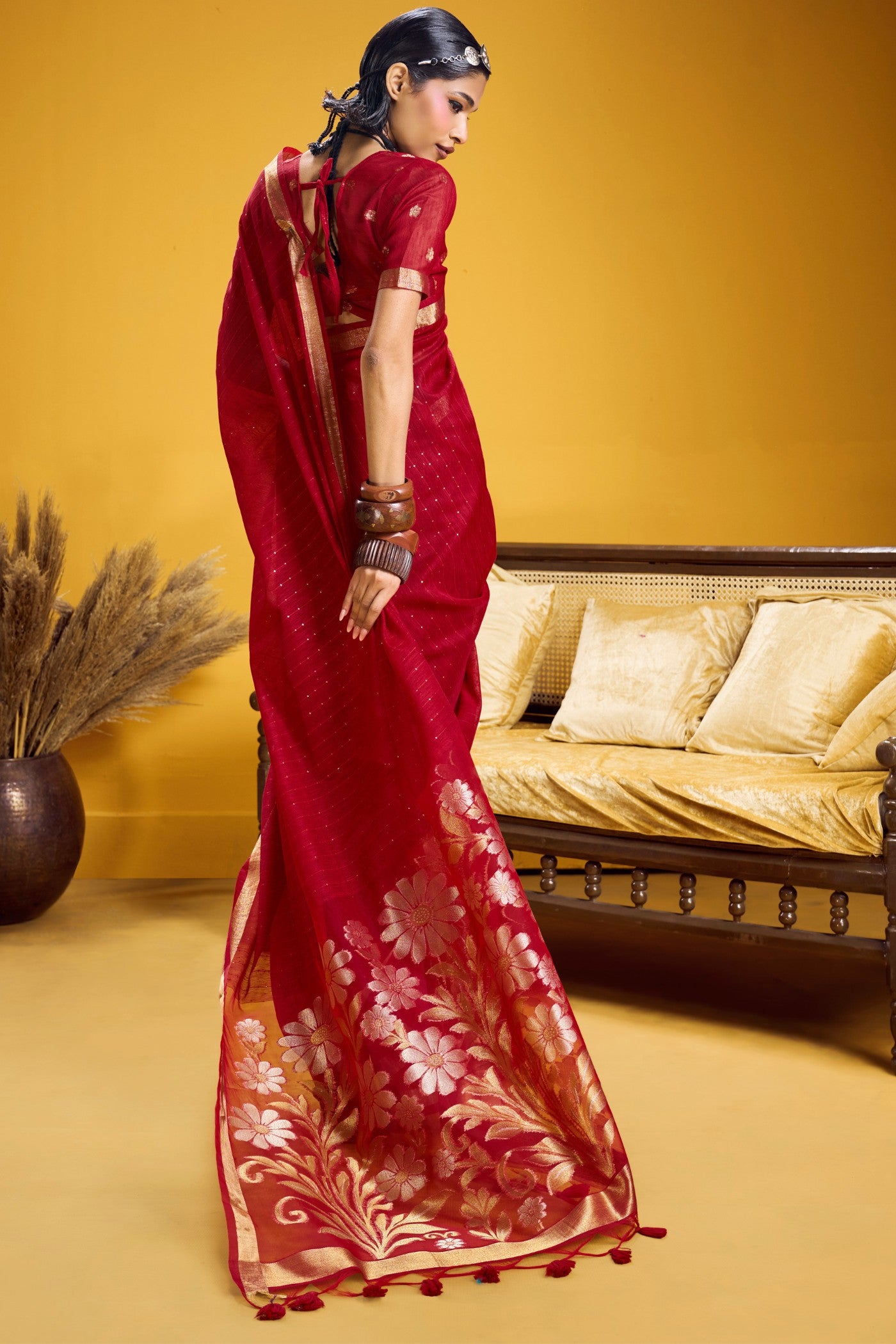 Buy MySilkLove Imperial Red Munga Handloom Cotton Saree Online