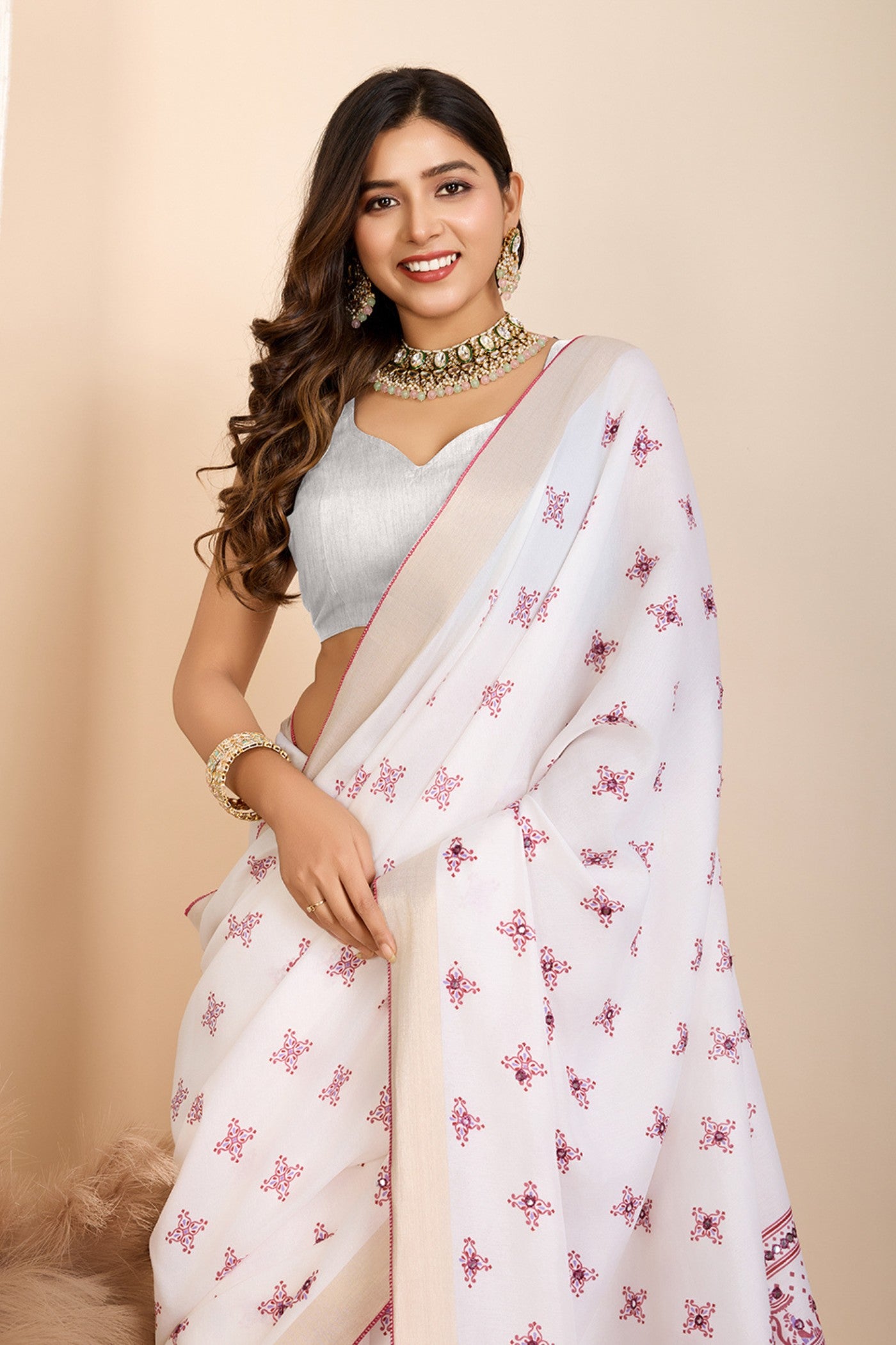 Buy MySilkLove Alice White and Pink Printed Cotton Designer Saree Online