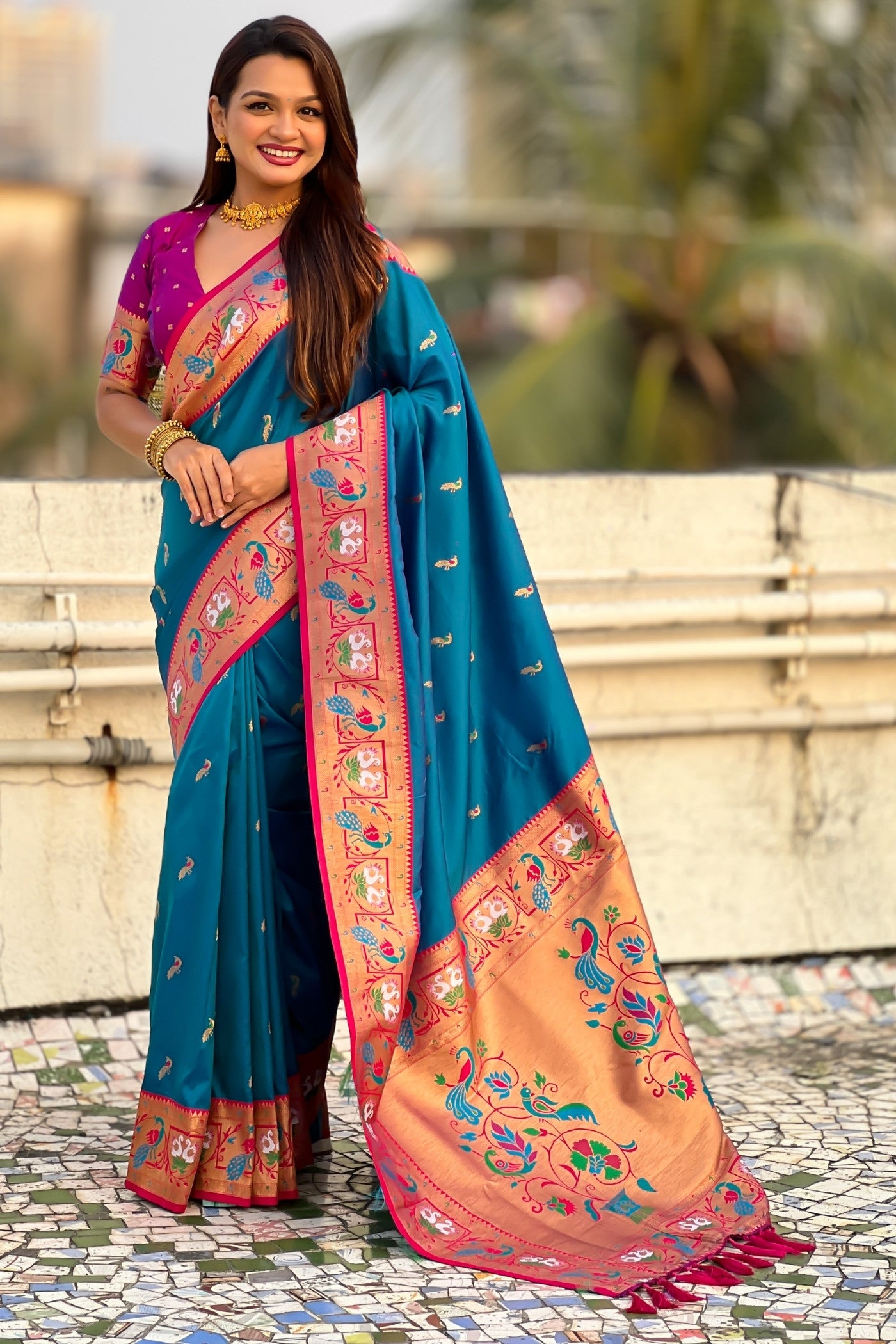Buy MySilkLove Dusty Blue Zari Woven Paithani Saree Online