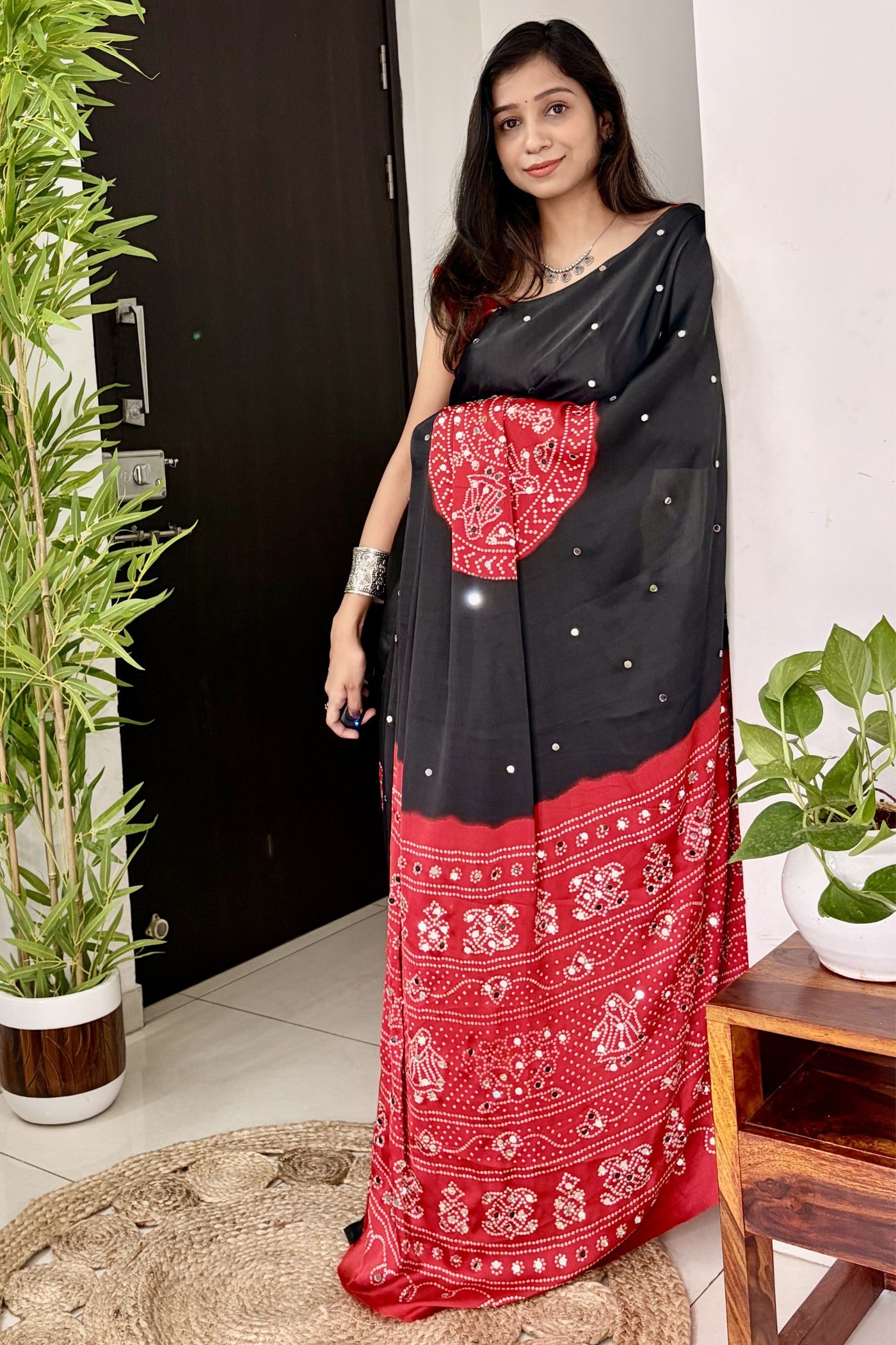 Buy MySilkLove Charcoal Black and Red Gaji Bandej Satin Soft Silk Saree Online