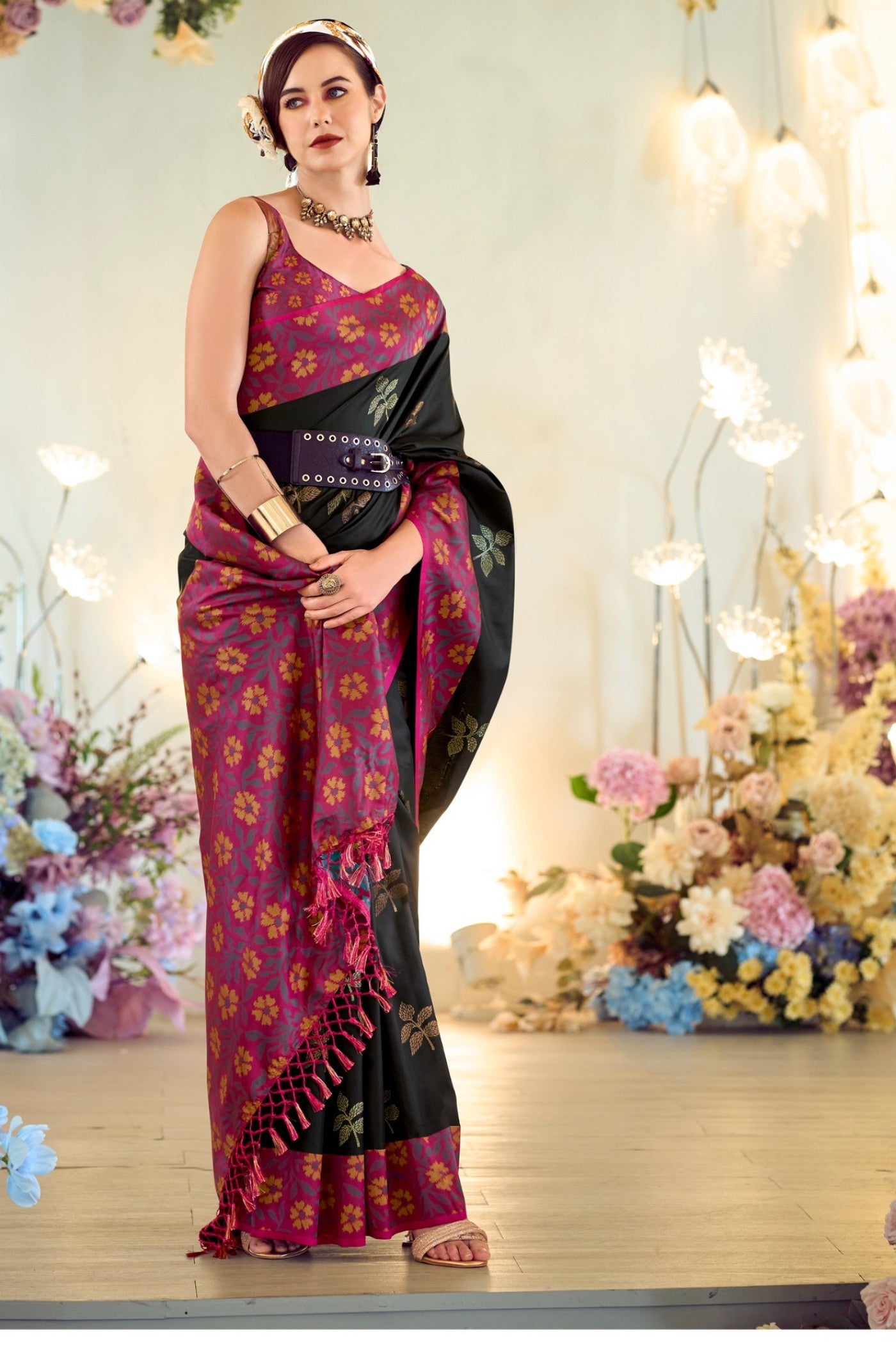 MySilkLove Outer Space Black Woven Banarasi Soft Silk Saree