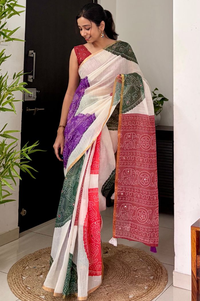 MySilkLove Multicolor White Linen Bandhani Saree with Mirror Work