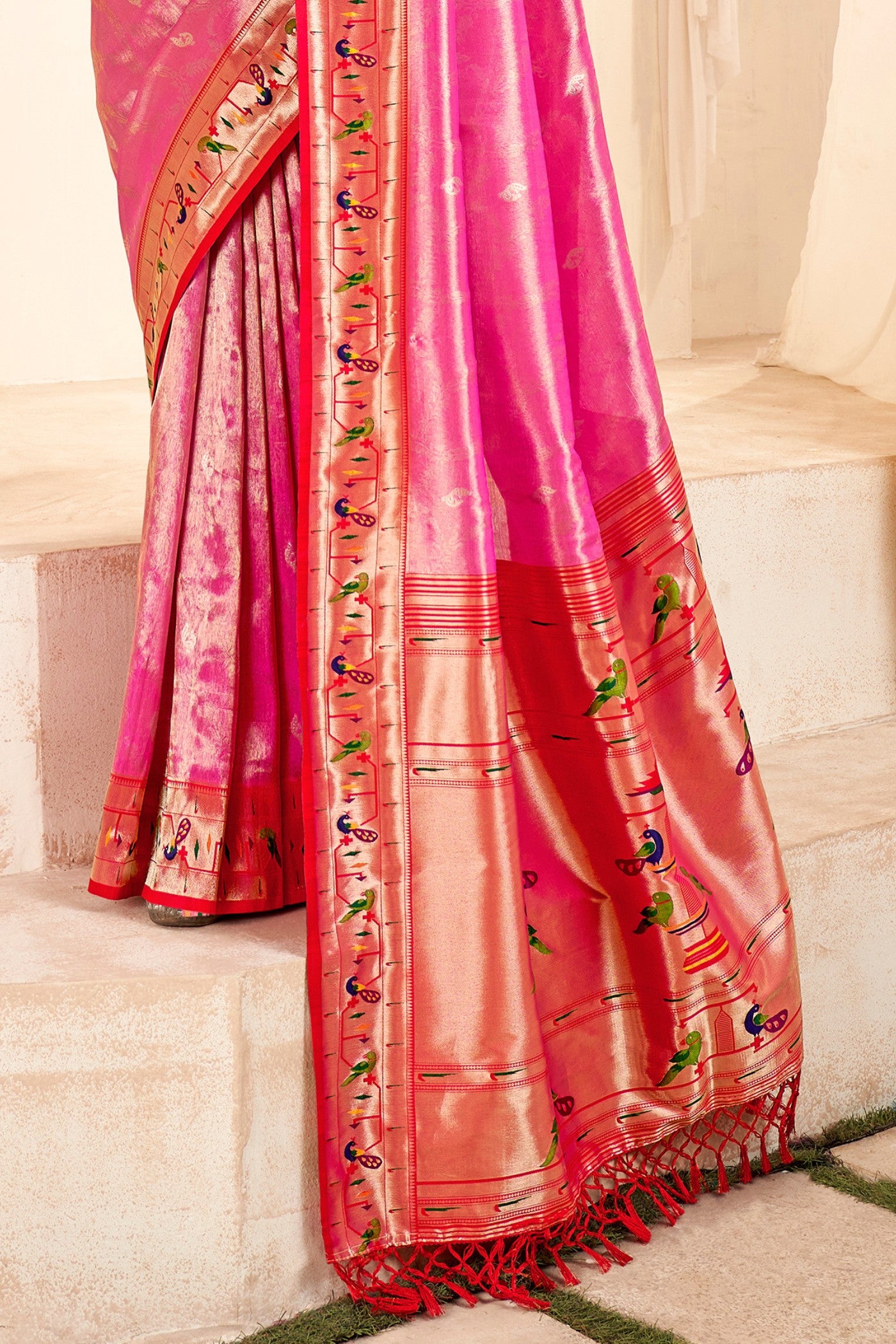 Buy MySilkLove Coral Pink Zari Woven Paithani Tissue Saree Online