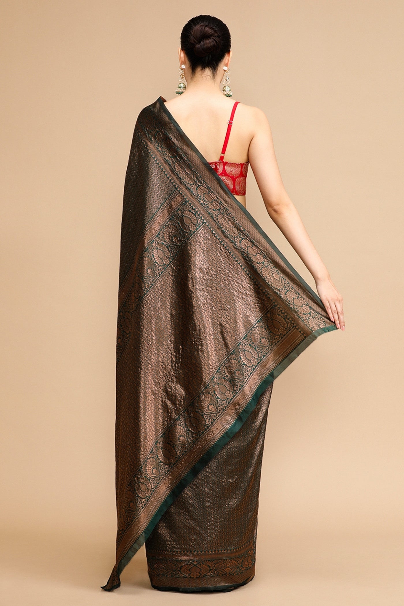 Buy MySilkLove Pecan Brown Woven Jacquard Lichi Silk Saree Online