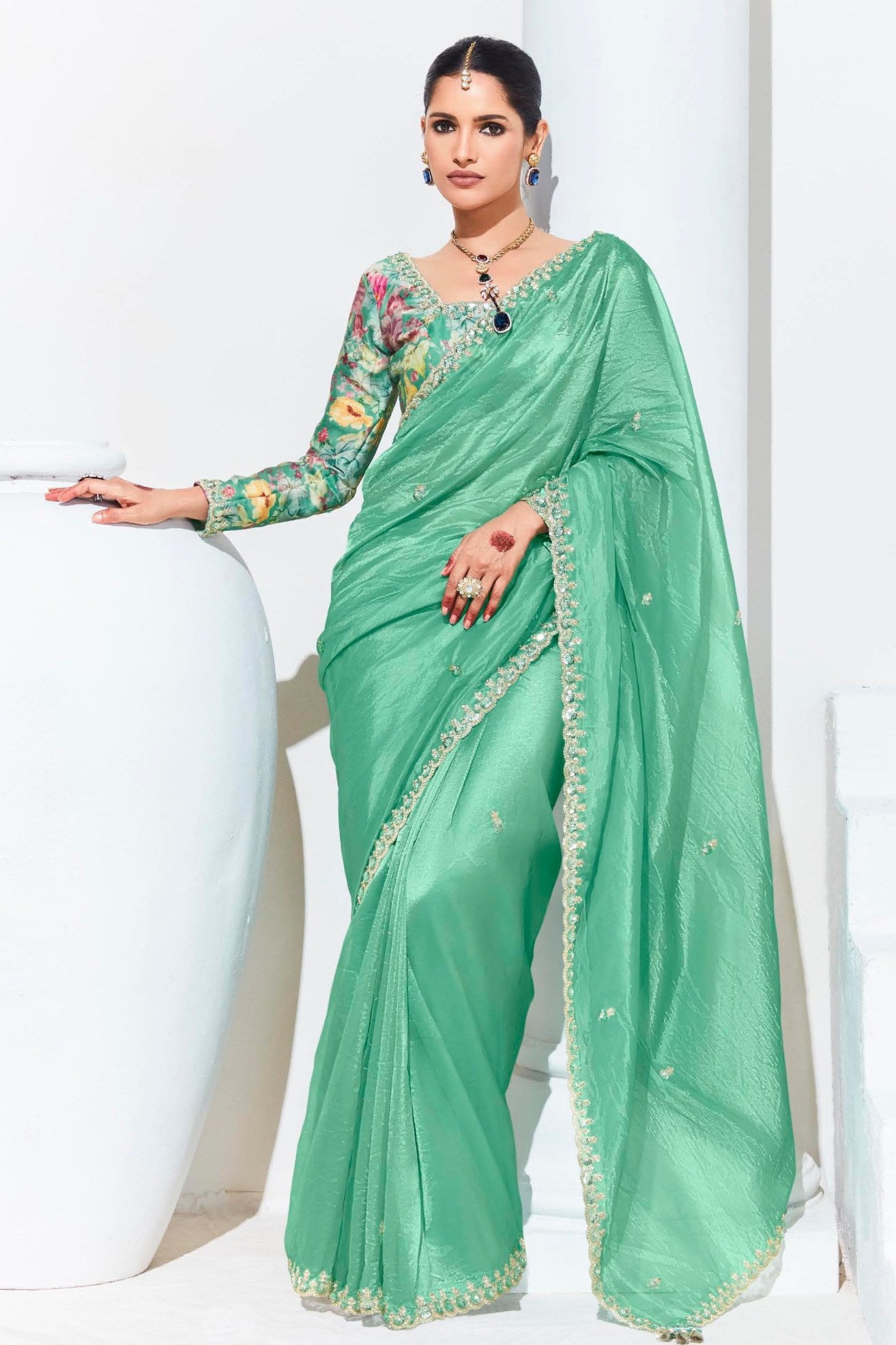 Buy MySilkLove Polished Pine Green Tissue Organza Designer Partywear Saree Online