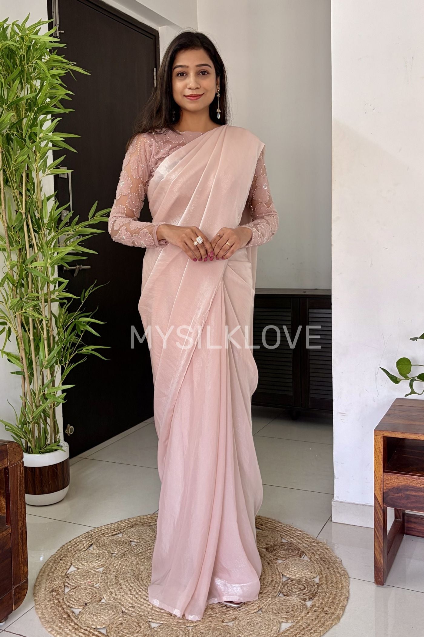 Buy MySilkLove Shine Pink Designer Partywear Saree with Floral Blouse Without Blouse Online