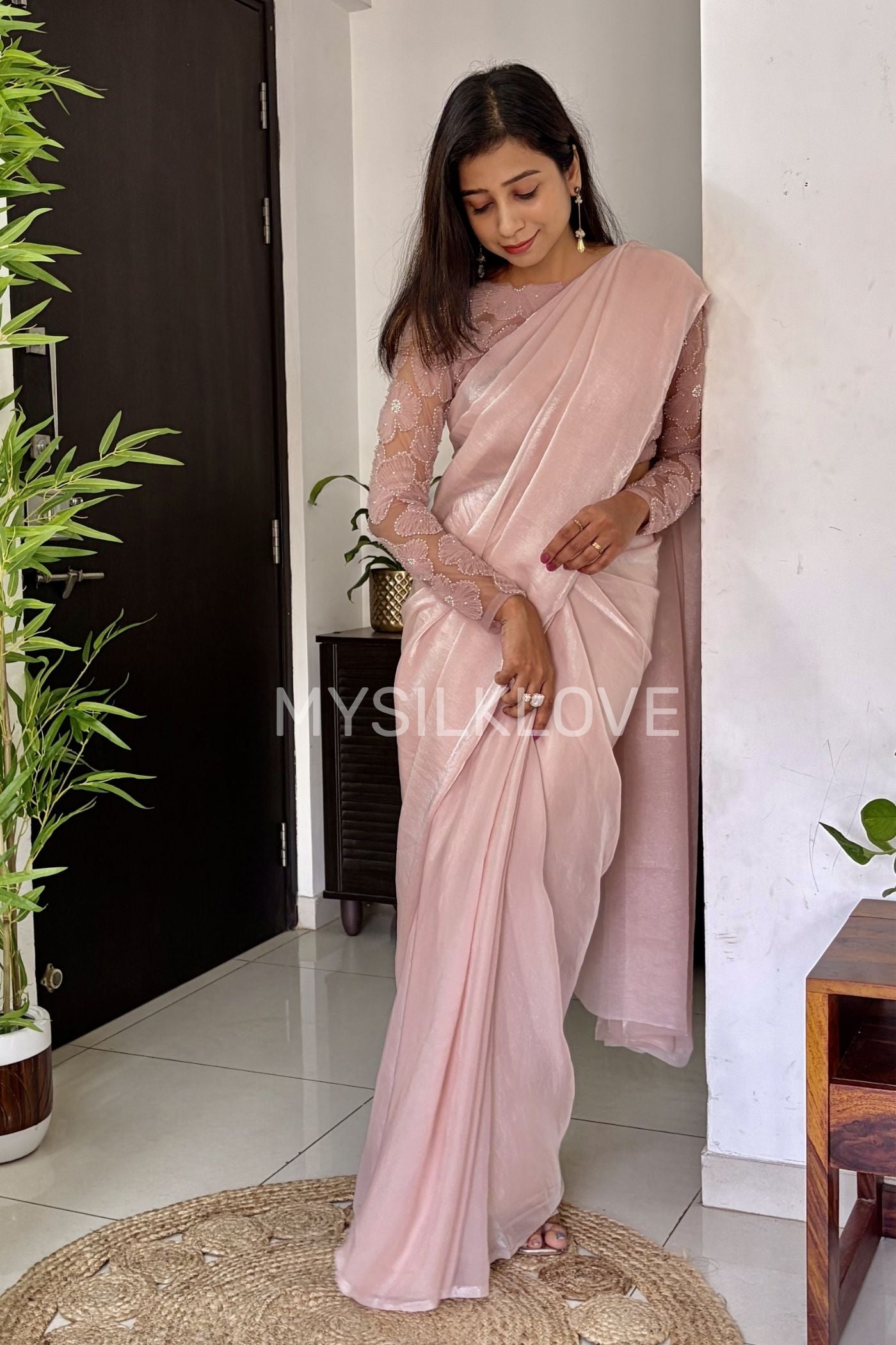Buy MySilkLove Shine Pink Designer Partywear Saree with Floral Blouse Without Blouse Online