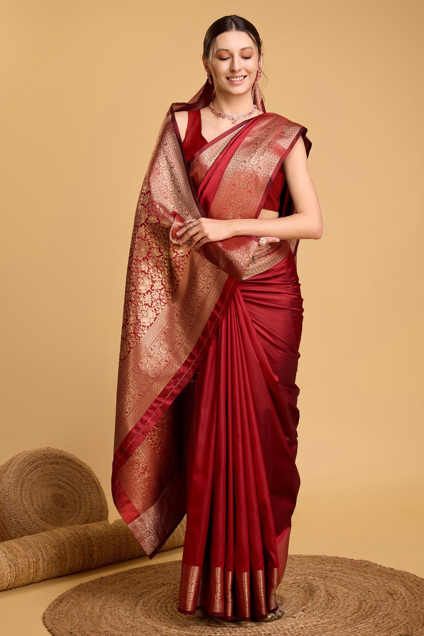 Buy MySilkLove Brick Maroon Woven Banarasi Saree Online