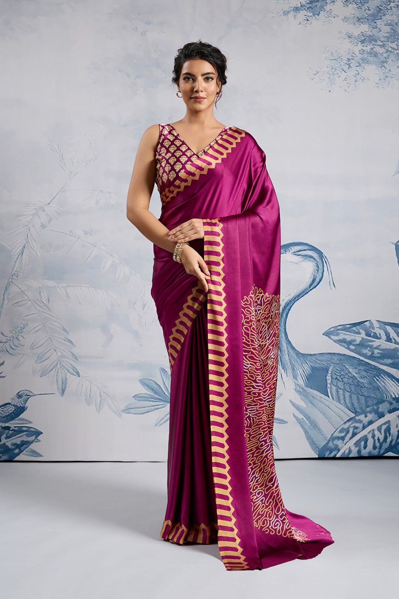 Buy MySilkLove Inked Plum Purple Printed Satin Crepe Silk Saree Online