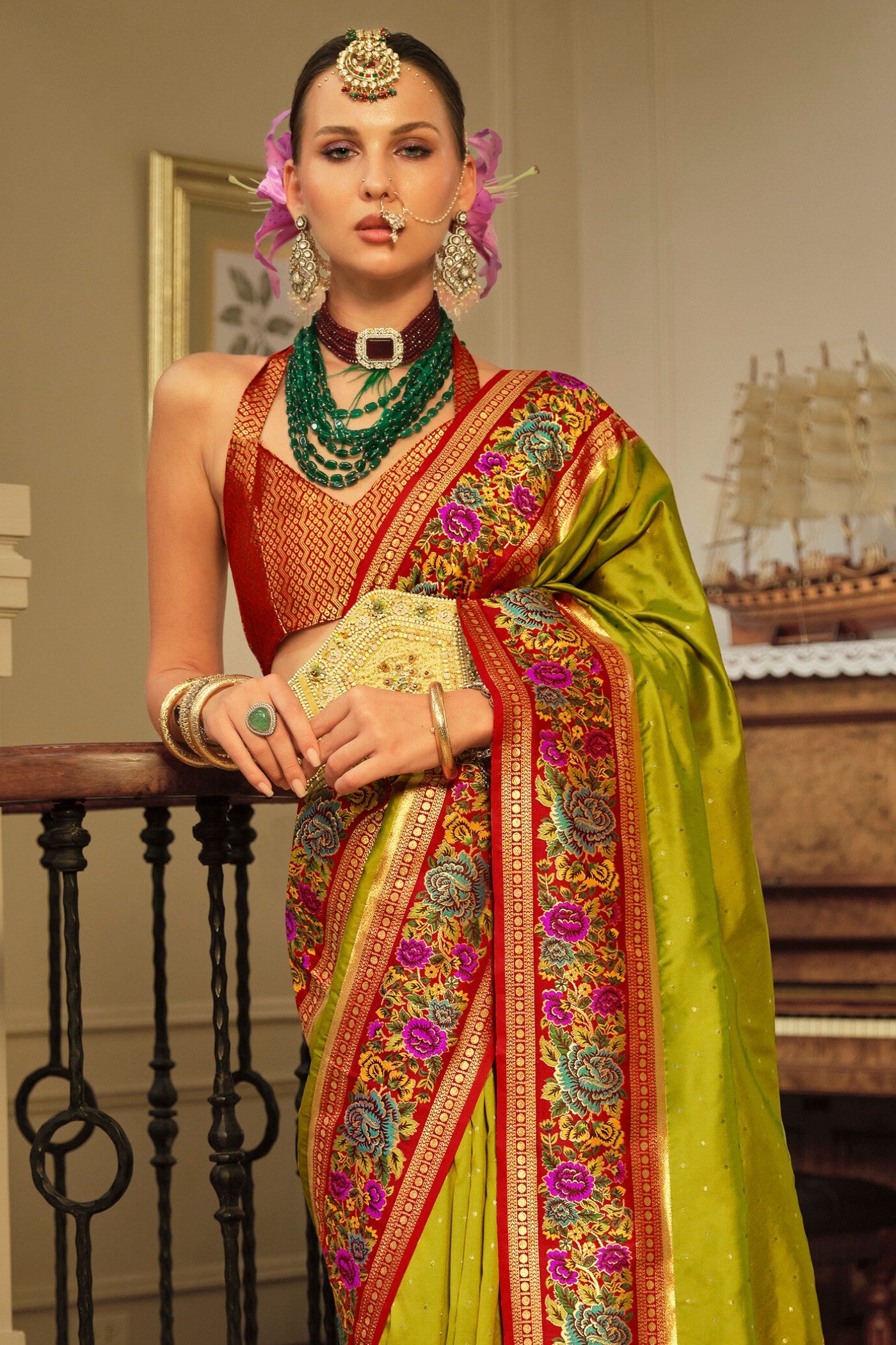 Buy MySilkLove Sahara Green Printed Banarasi Saree Online