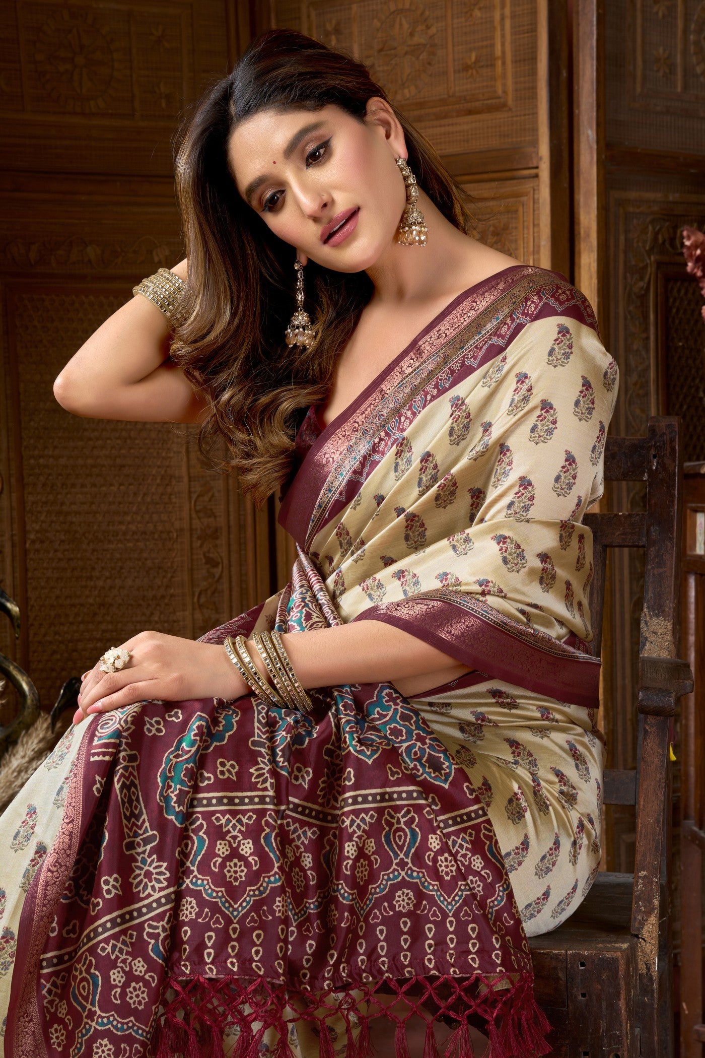 Buy MySilkLove Ancient Cream Ajrakh Printed Saree Online