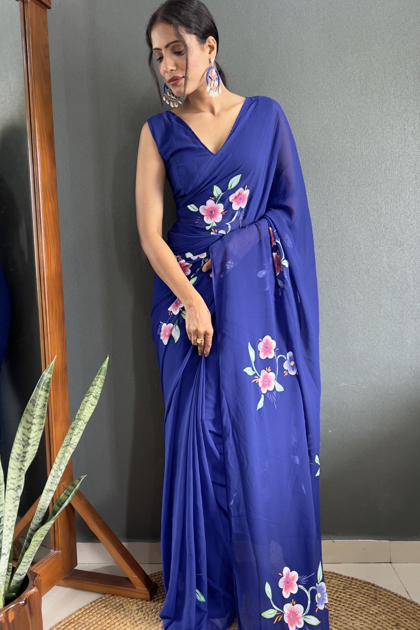 Buy MySilkLove Blue Orchid Hand Painted Georgette Saree Online