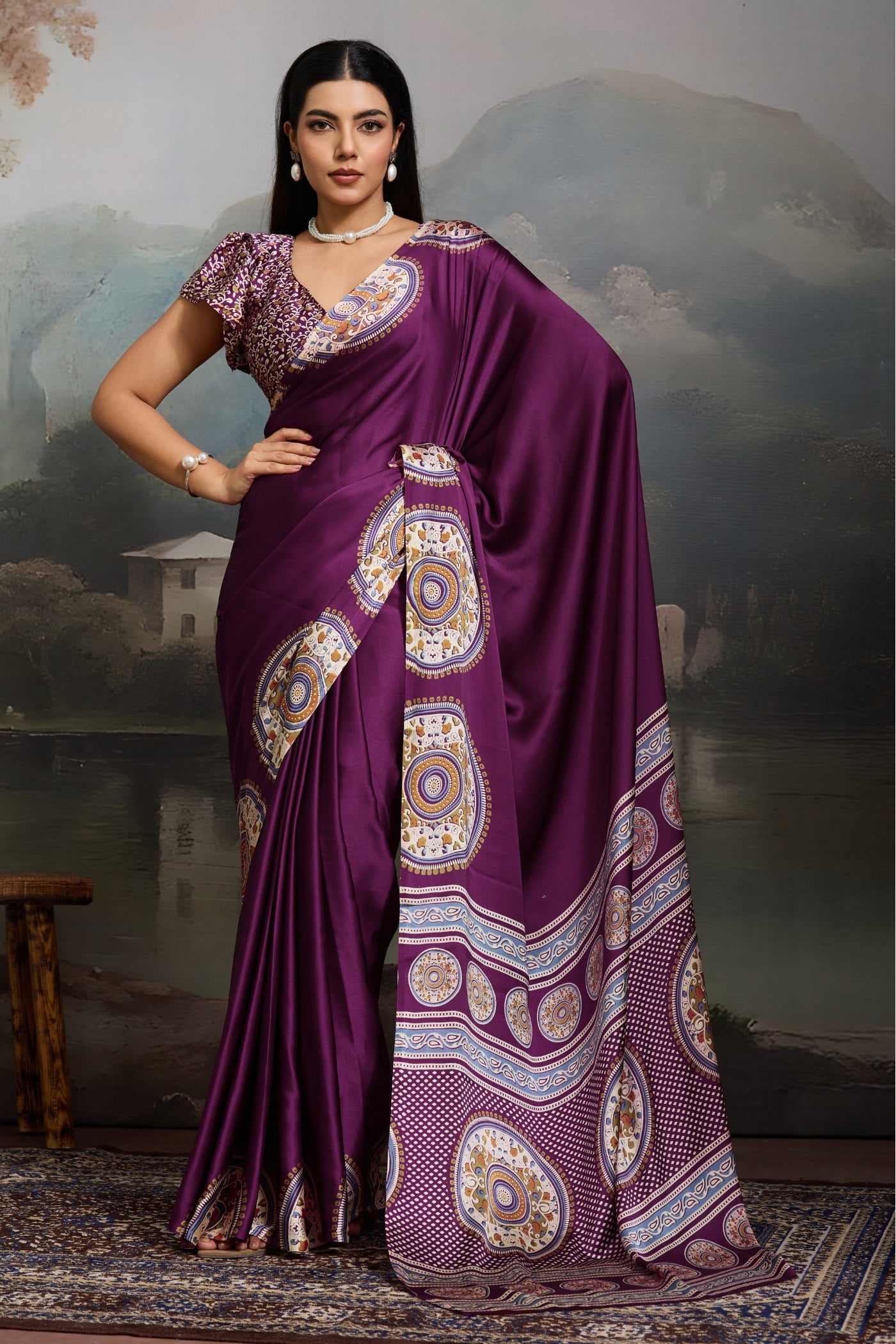 Buy MySilkLove Tacao Purple Modal Ajrakh Printed Silk Saree Online