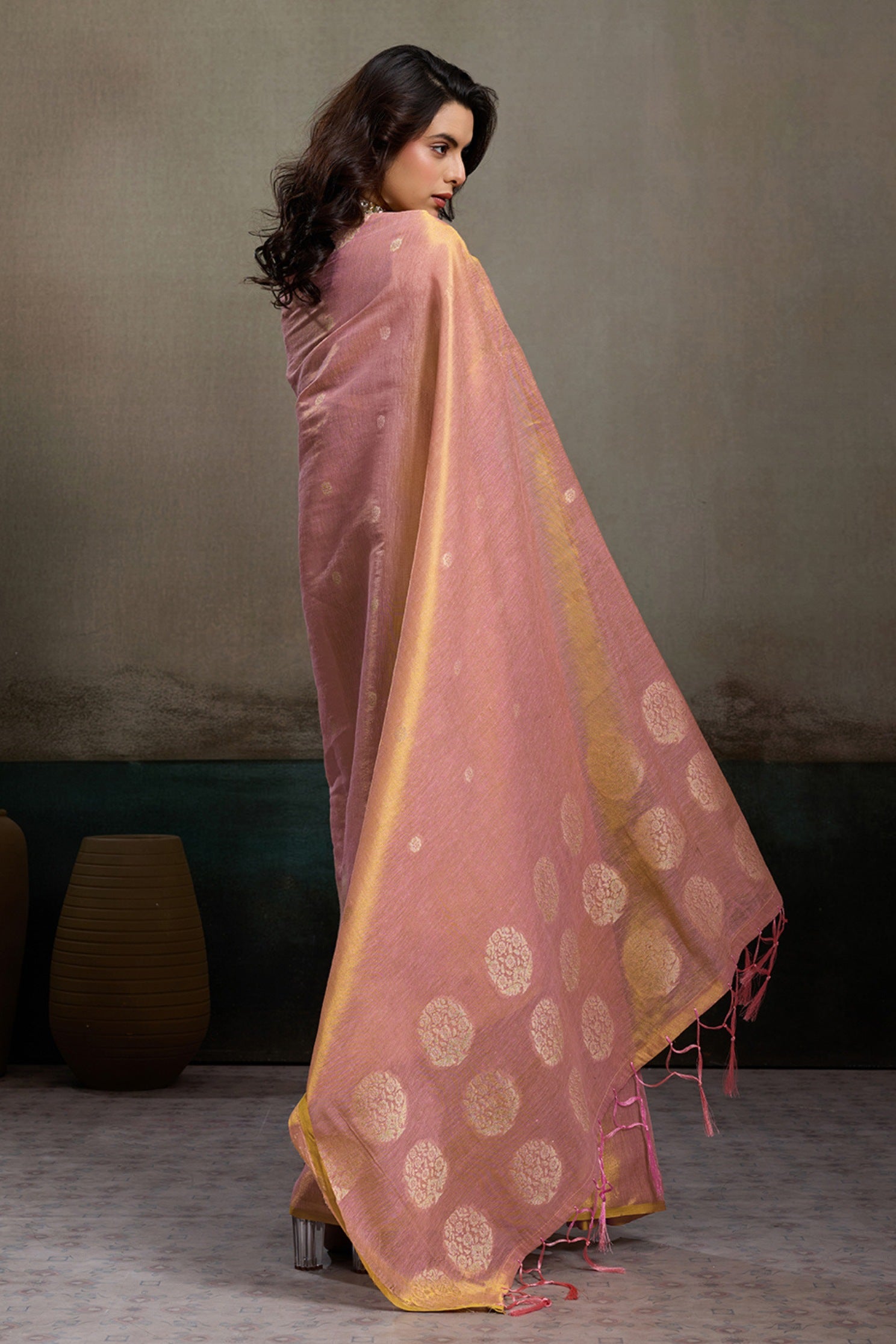 Buy MySilkLove Muted Peach Woven Tissue Saree Online
