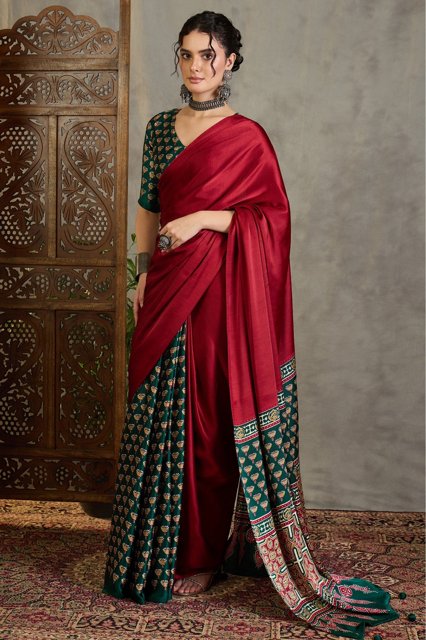 Buy MySilkLove Fire Red and Green Ajrakh Printed Satin Crepe Silk Saree Online