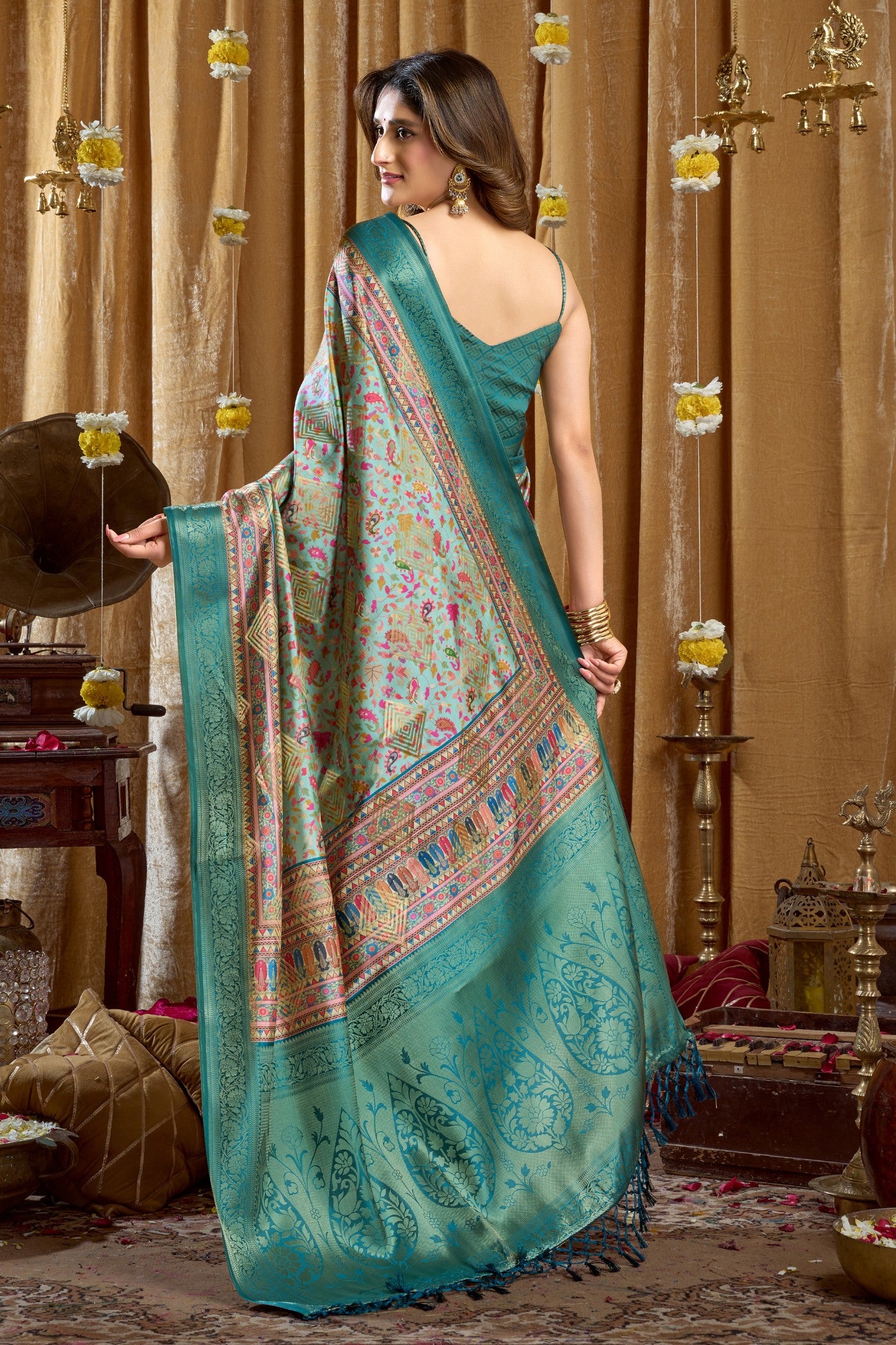 Buy MySilkLove France Blue Digital Printed Banarasi Saree Online