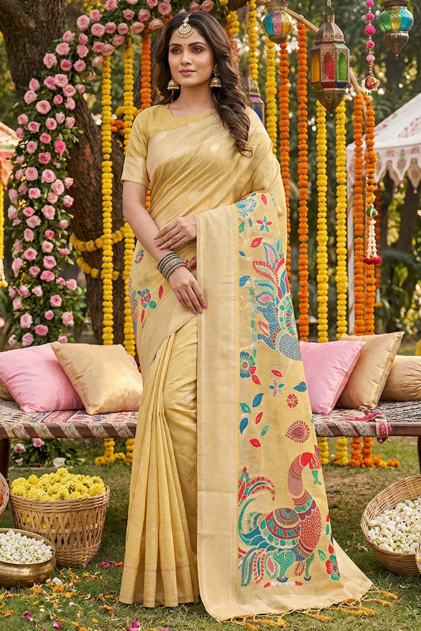 Buy MySilkLove Lemon Yellow Woven Linen Cotton Saree Online
