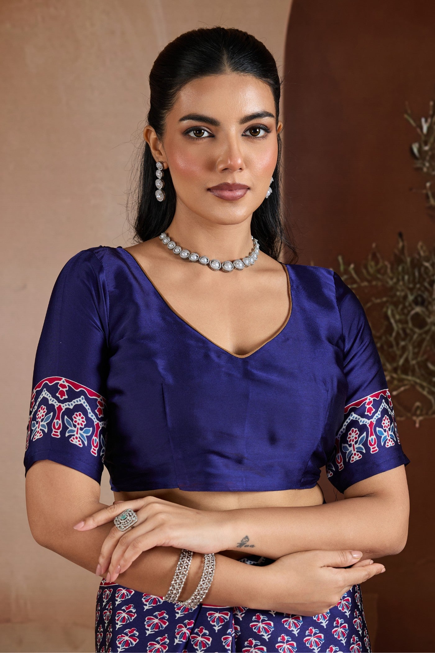 Buy MySilkLove Navy Blue Ajrakh Printed Satin Crepe Silk Saree Online