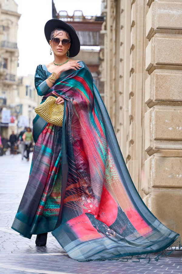 Orient Blue and Pink Handloom Gaji Silk Saree